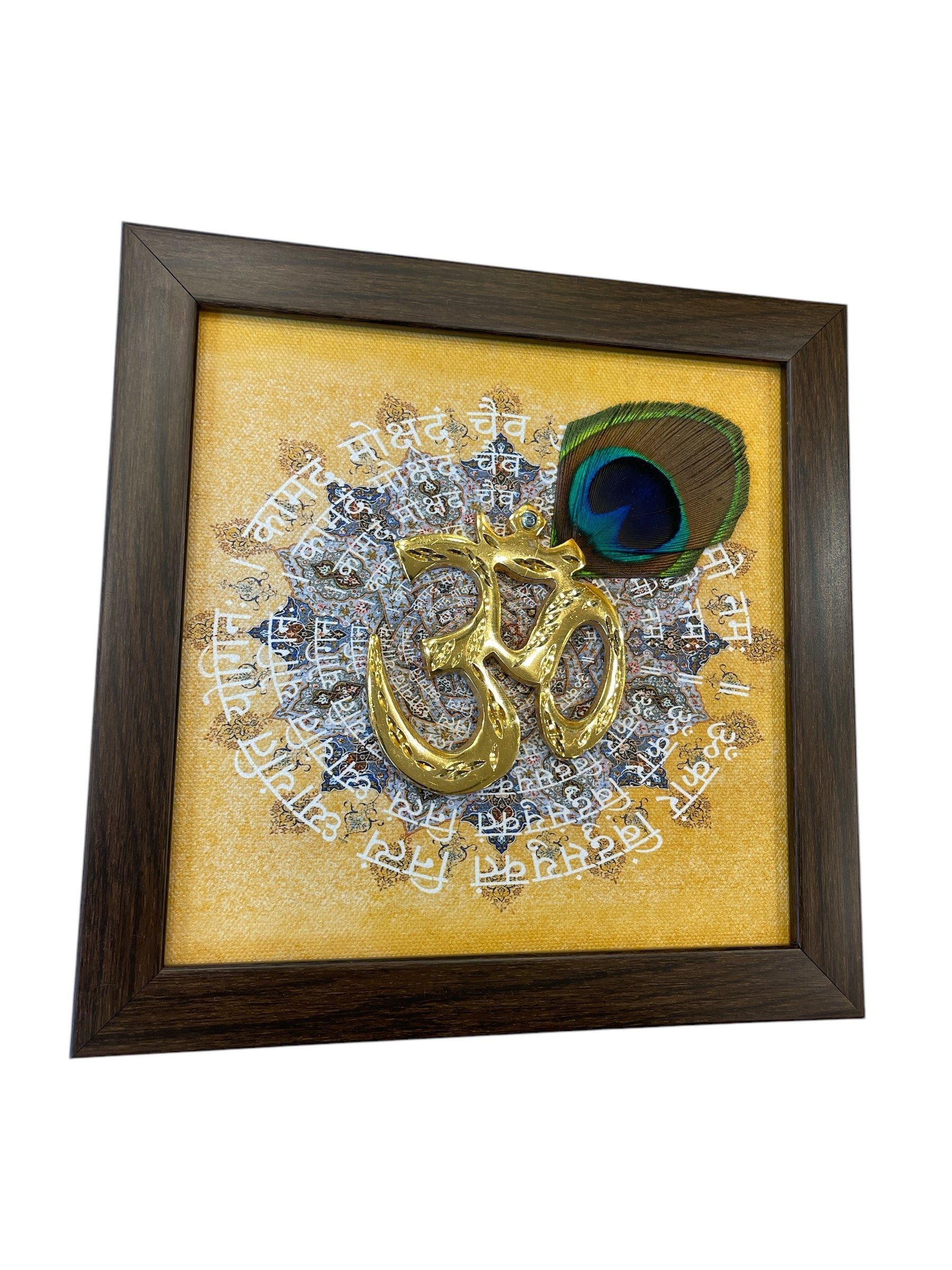 Brass Om with omkara Backdrop with peacock feather in Brown Frame