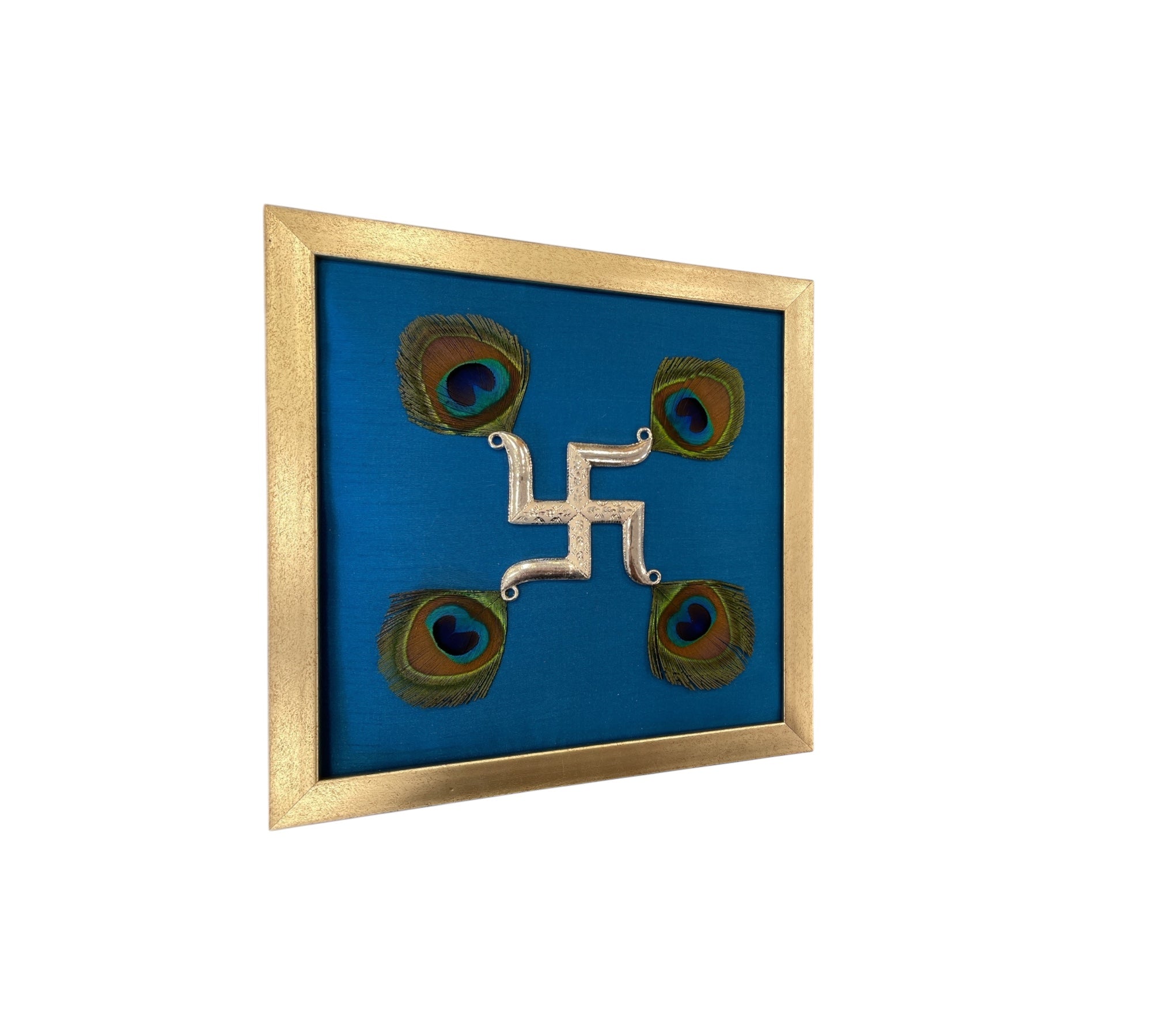 Silver Swastik on Blue Silk in Antique Gold Frame with Certificate