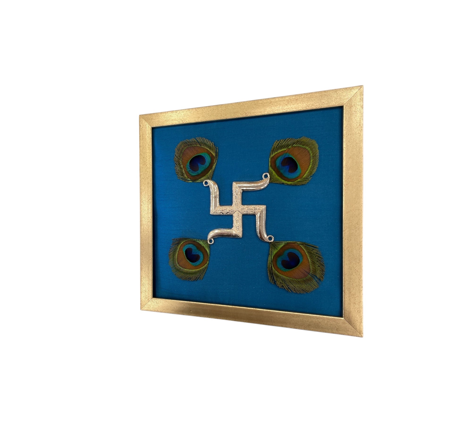 Silver Swastik on Blue Silk in Antique Gold Frame with Certificate