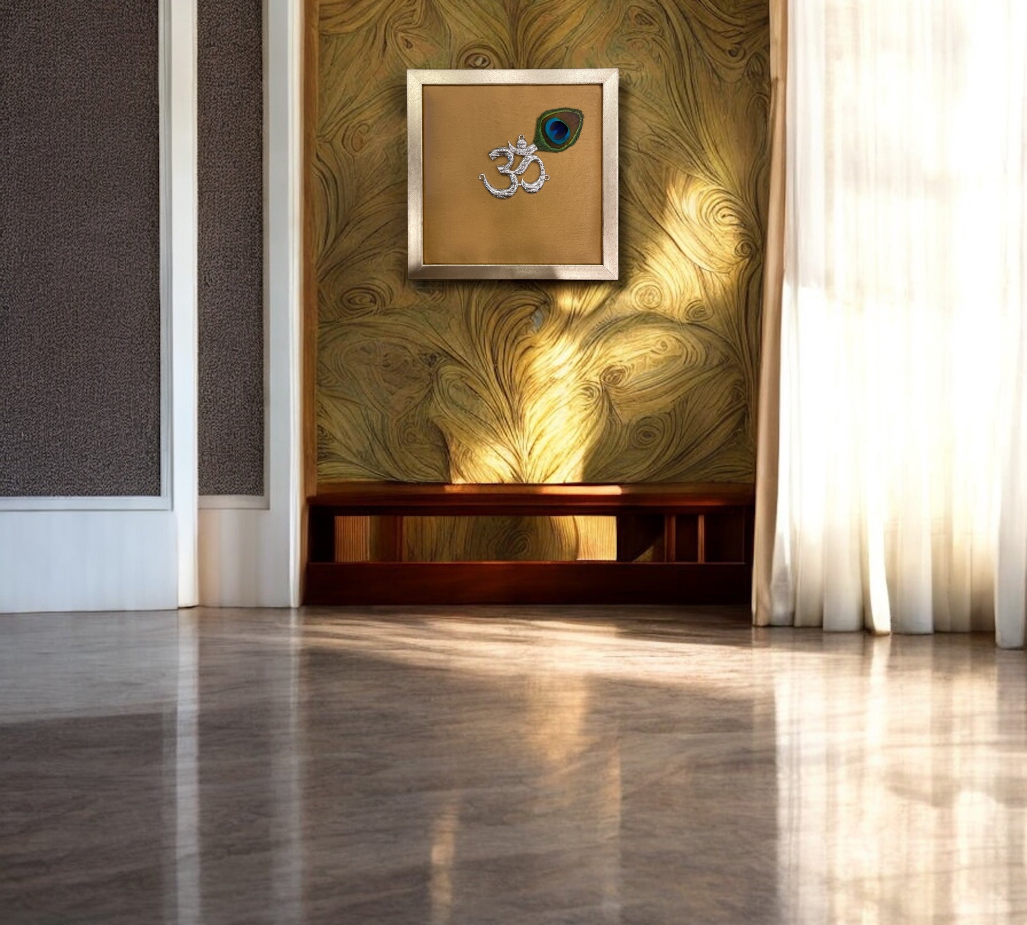 Silver Om on Gold Silk in Antique Gold Frame with Certificate