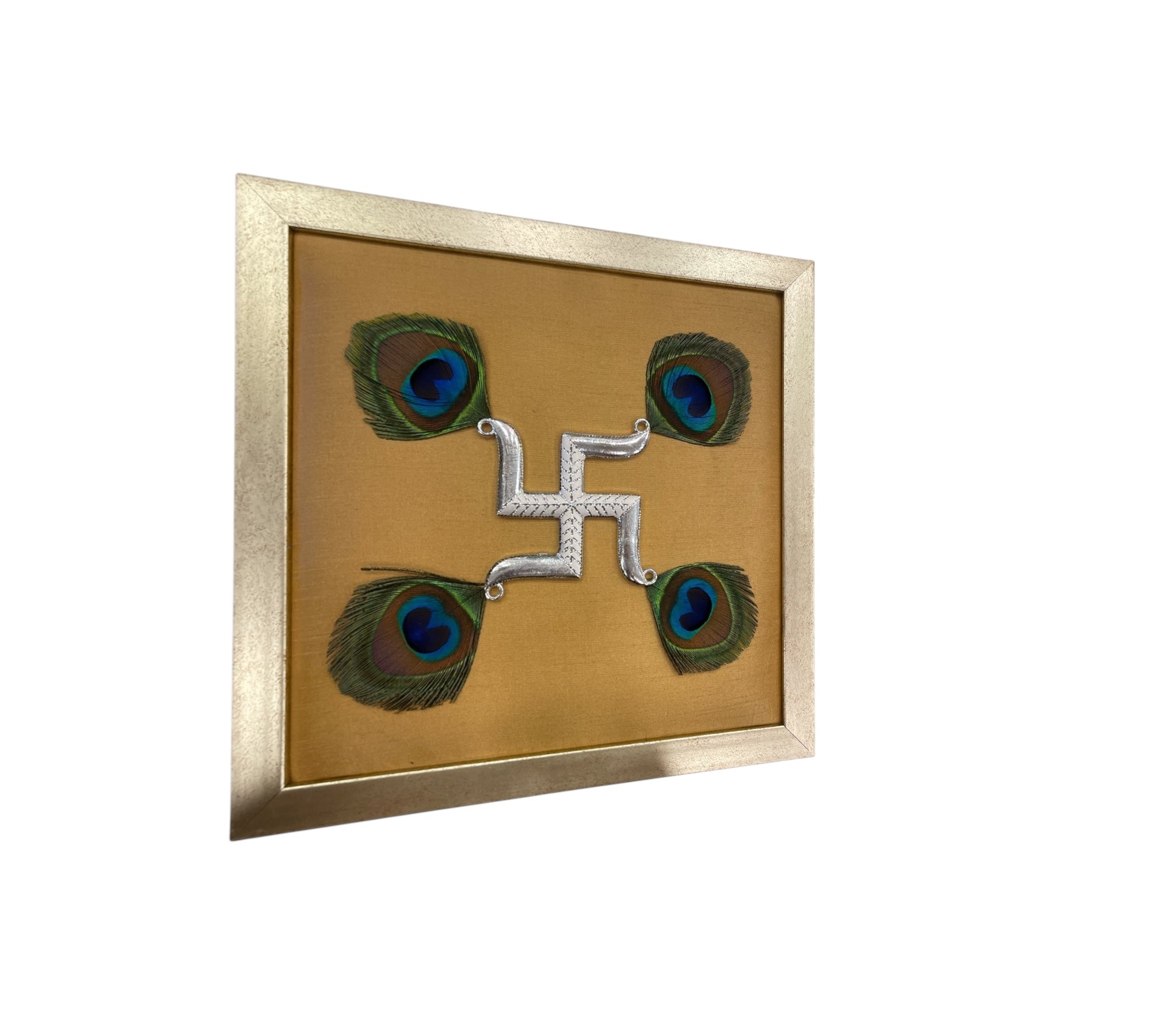 Silver Swastik on Gold Silk in Antique Gold Frame with Certificate