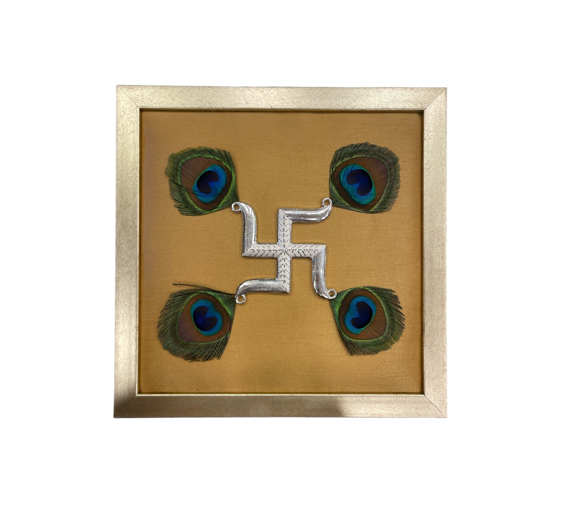 Silver Swastik on Gold Silk in Antique Gold Frame with Certificate