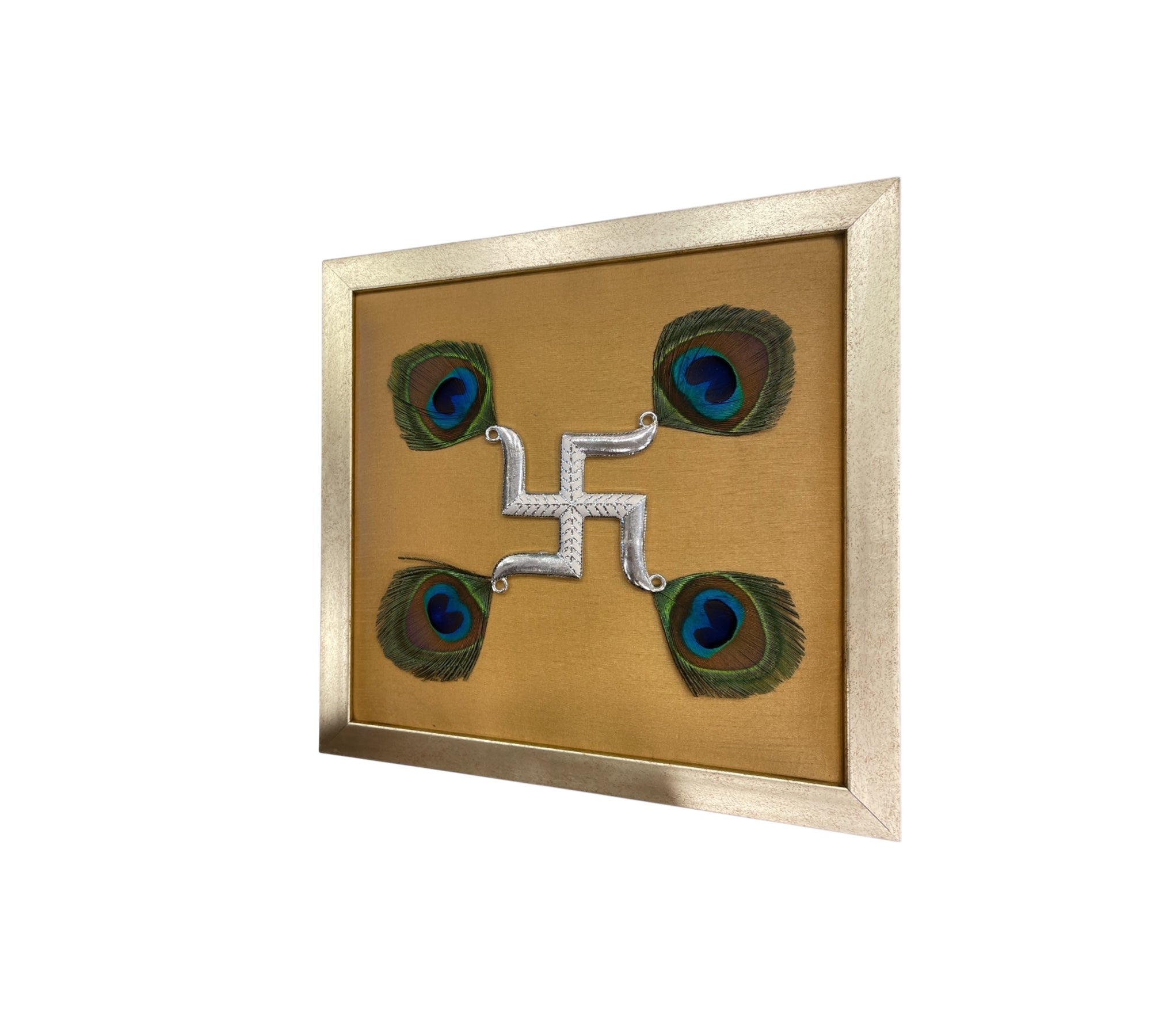 Silver Swastik on Gold Silk in Antique Gold Frame with Certificate