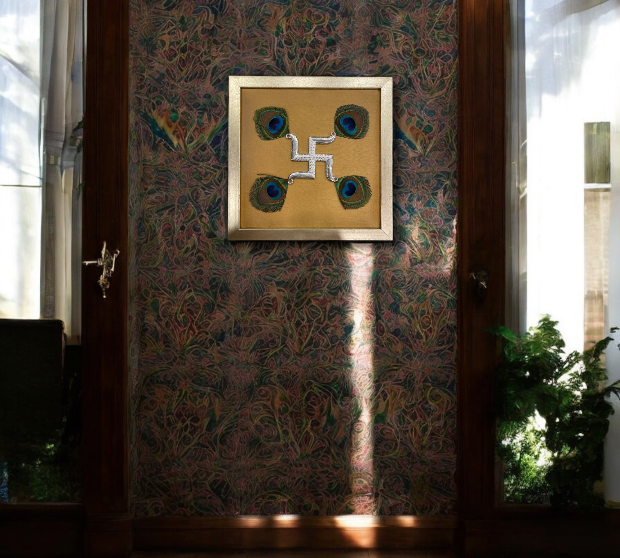 Silver Swastik on Gold Silk in Antique Gold Frame with Certificate