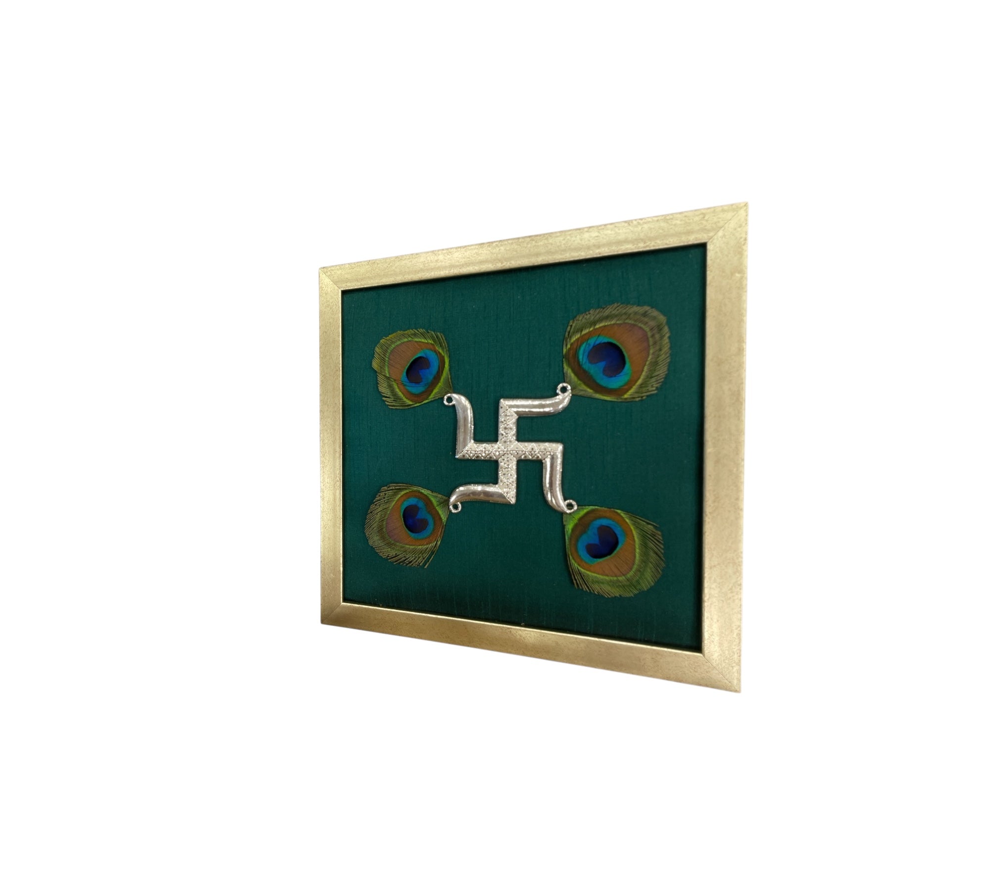 Silver Swastik on Green Silk in Antique Gold Frame with Certificate