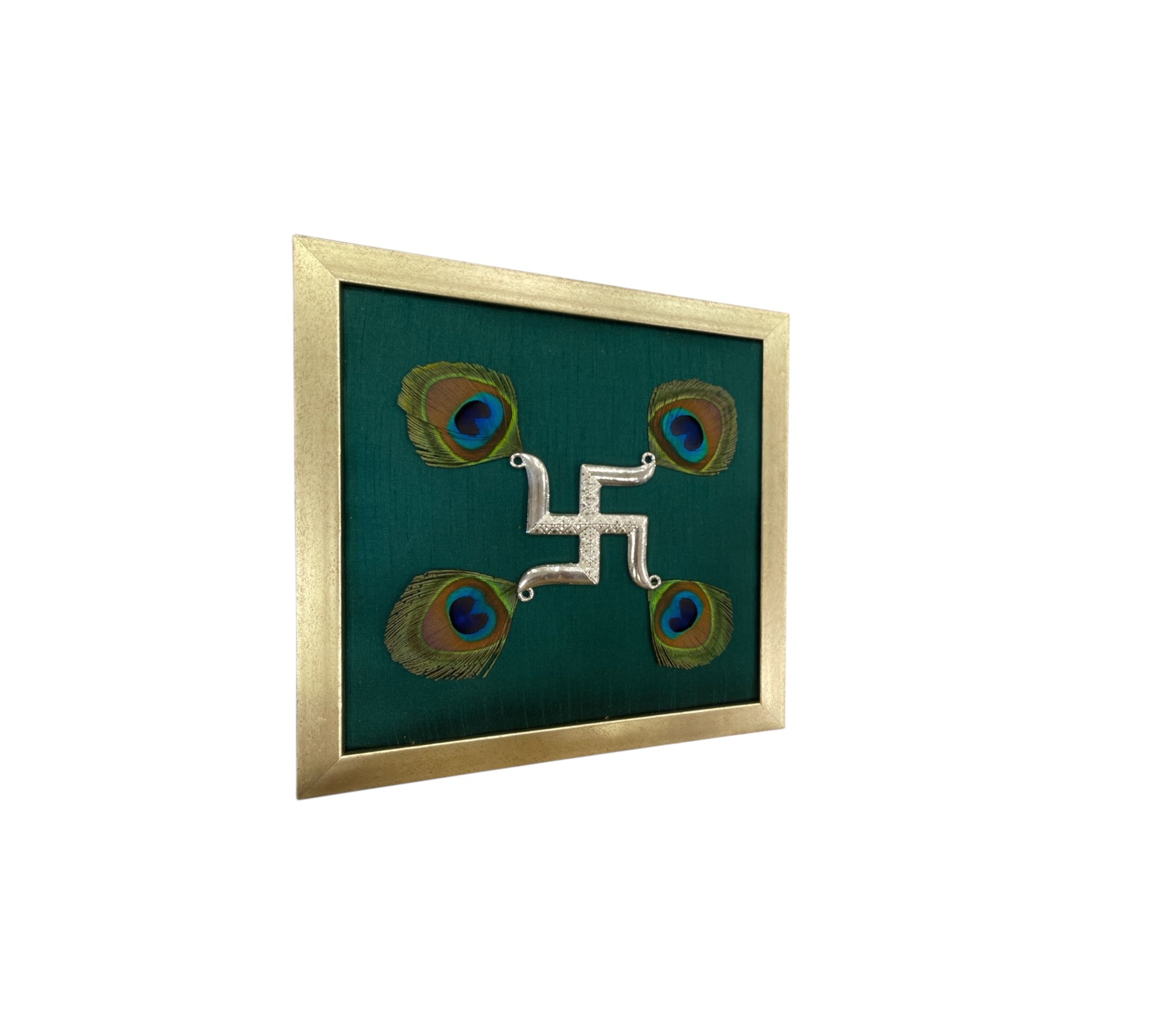 Silver Swastik on Green Silk in Antique Gold Frame with Certificate