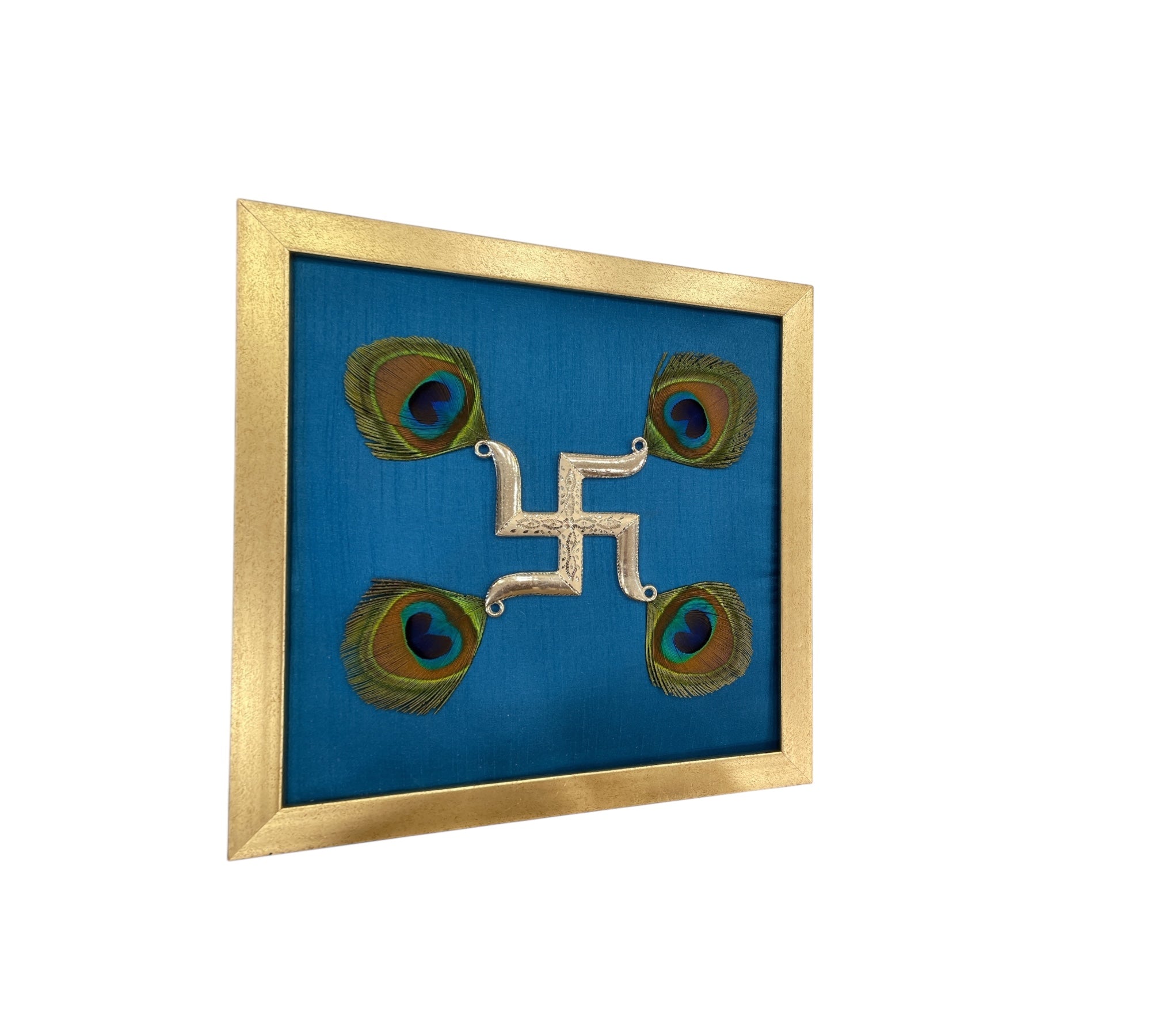 Silver Swastik on Blue Silk in Antique Gold Frame with Certificate