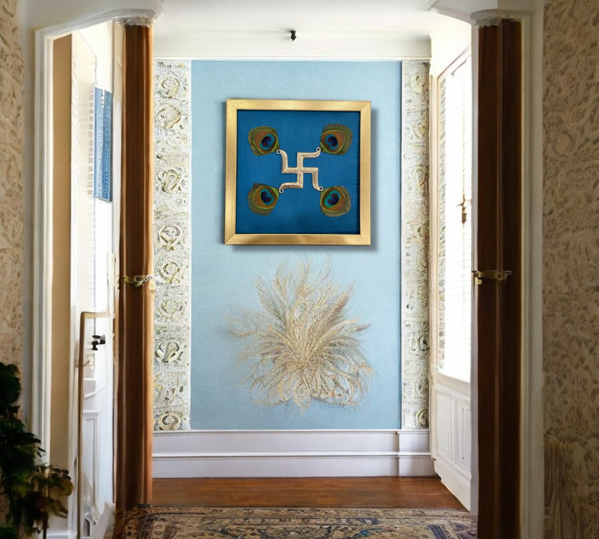 Silver Swastik on Blue Silk in Antique Gold Frame with Certificate