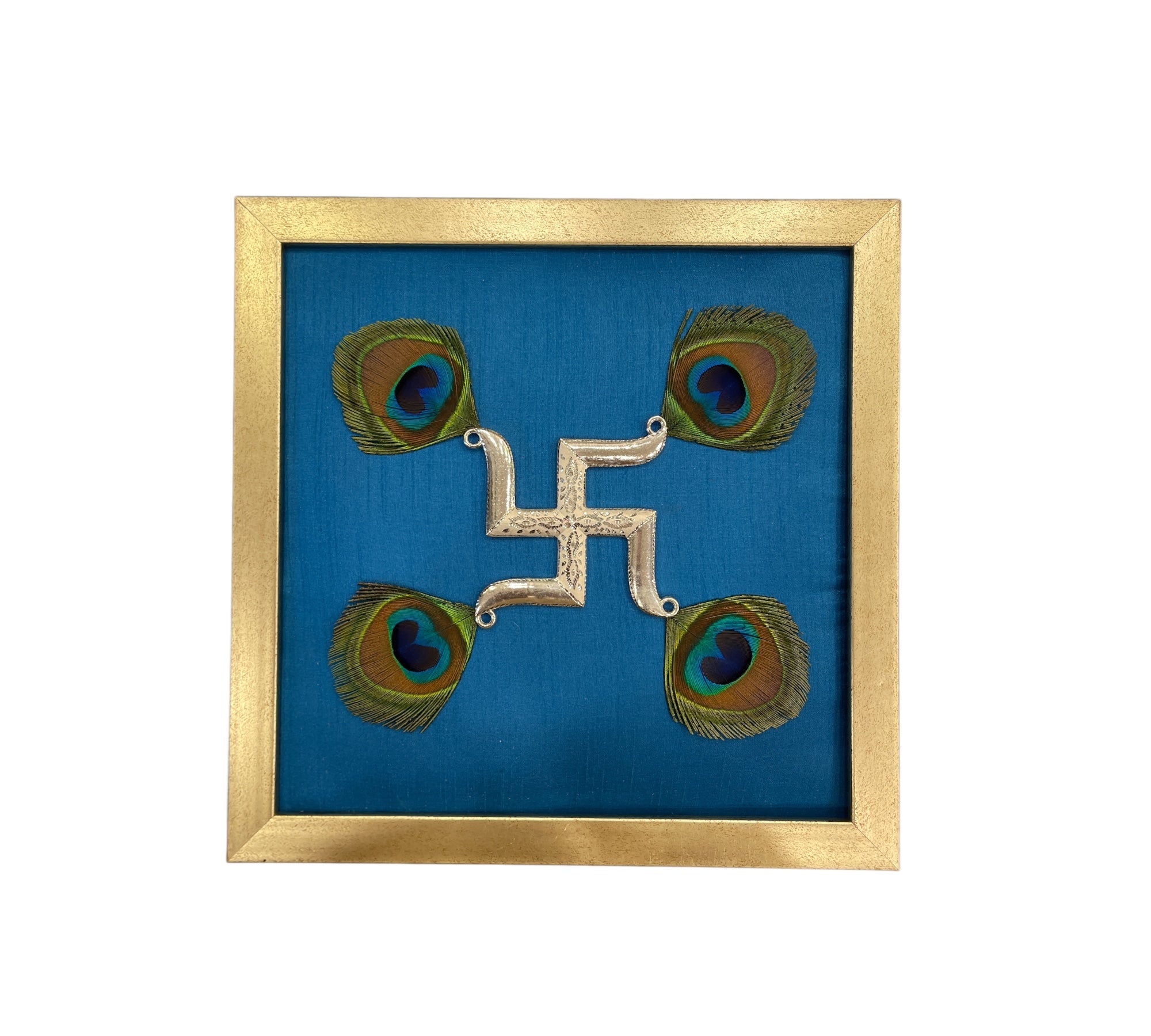 Silver Swastik on Blue Silk in Antique Gold Frame with Certificate