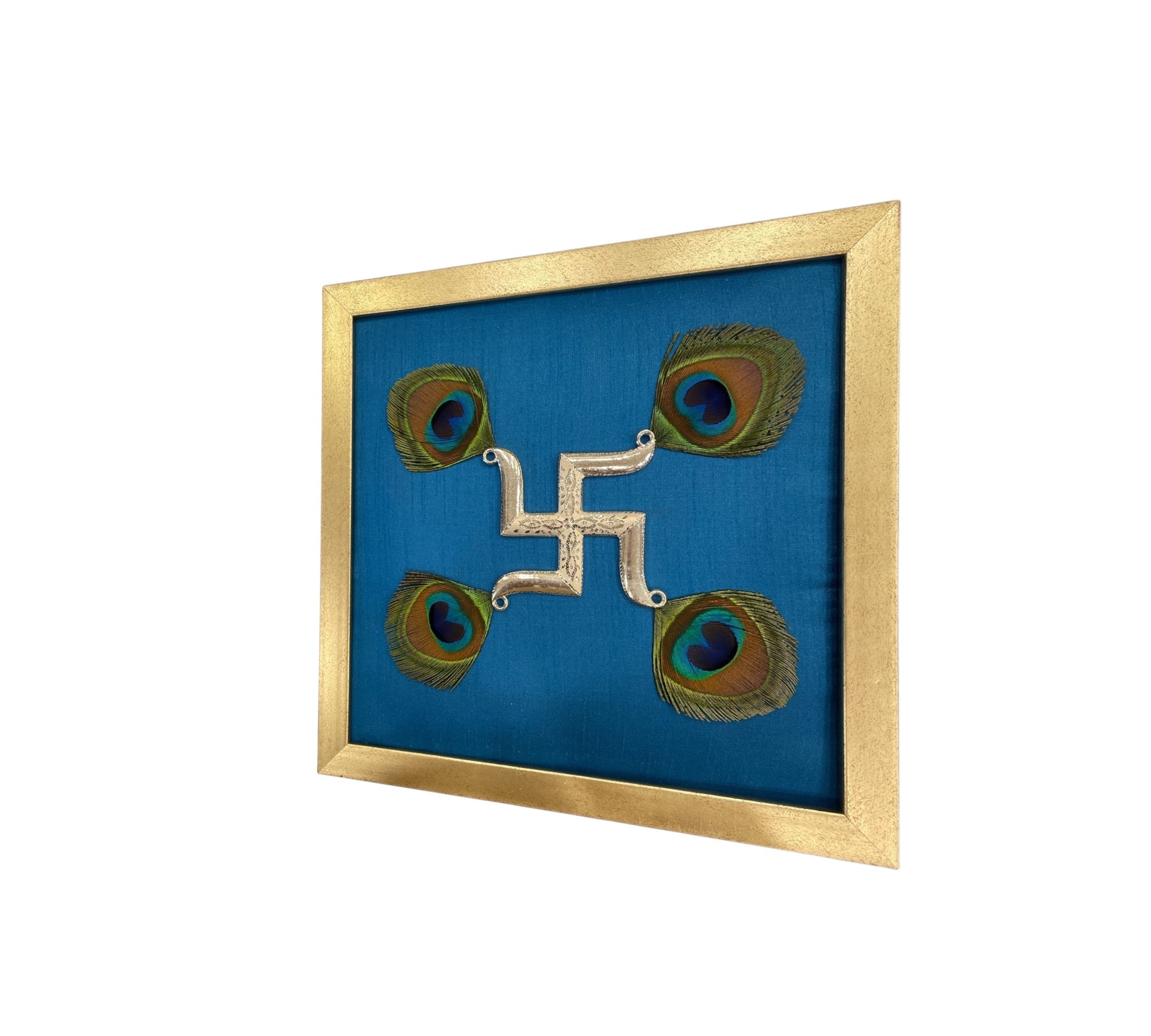 Silver Swastik on Blue Silk in Antique Gold Frame with Certificate