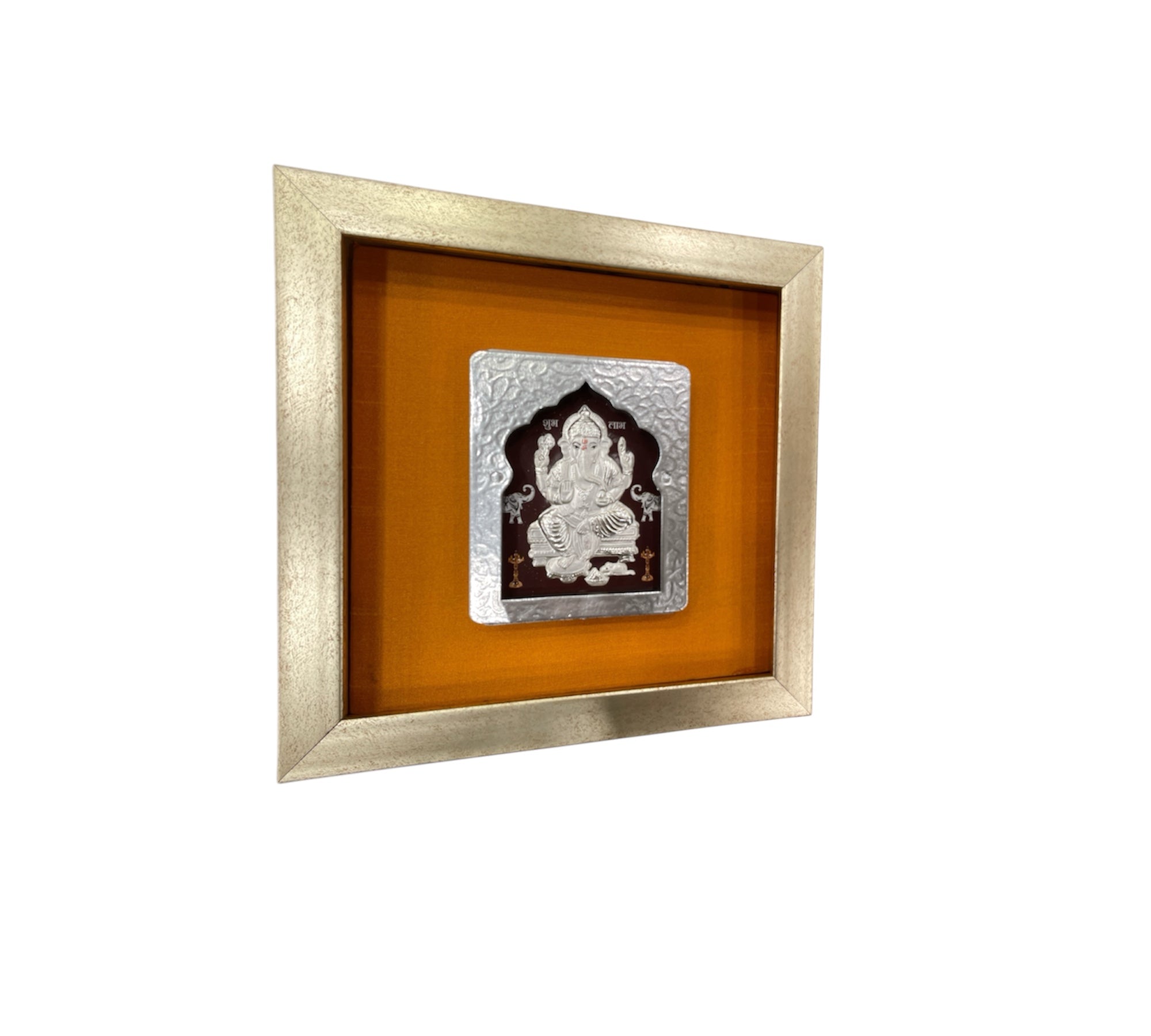 Silver Ganesh with silk backdrop in Silver Frame