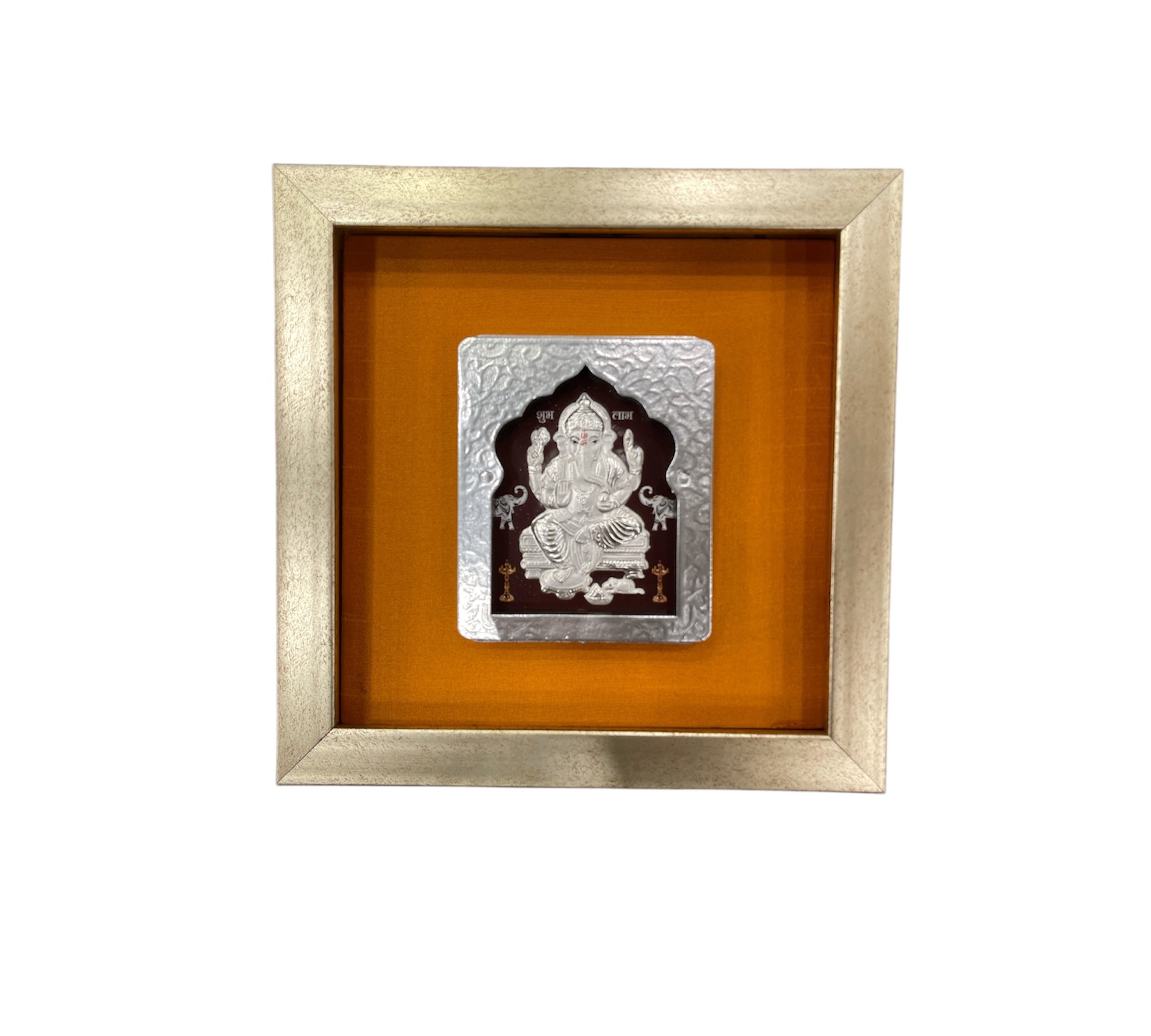 Silver Ganesh with silk backdrop in Silver Frame
