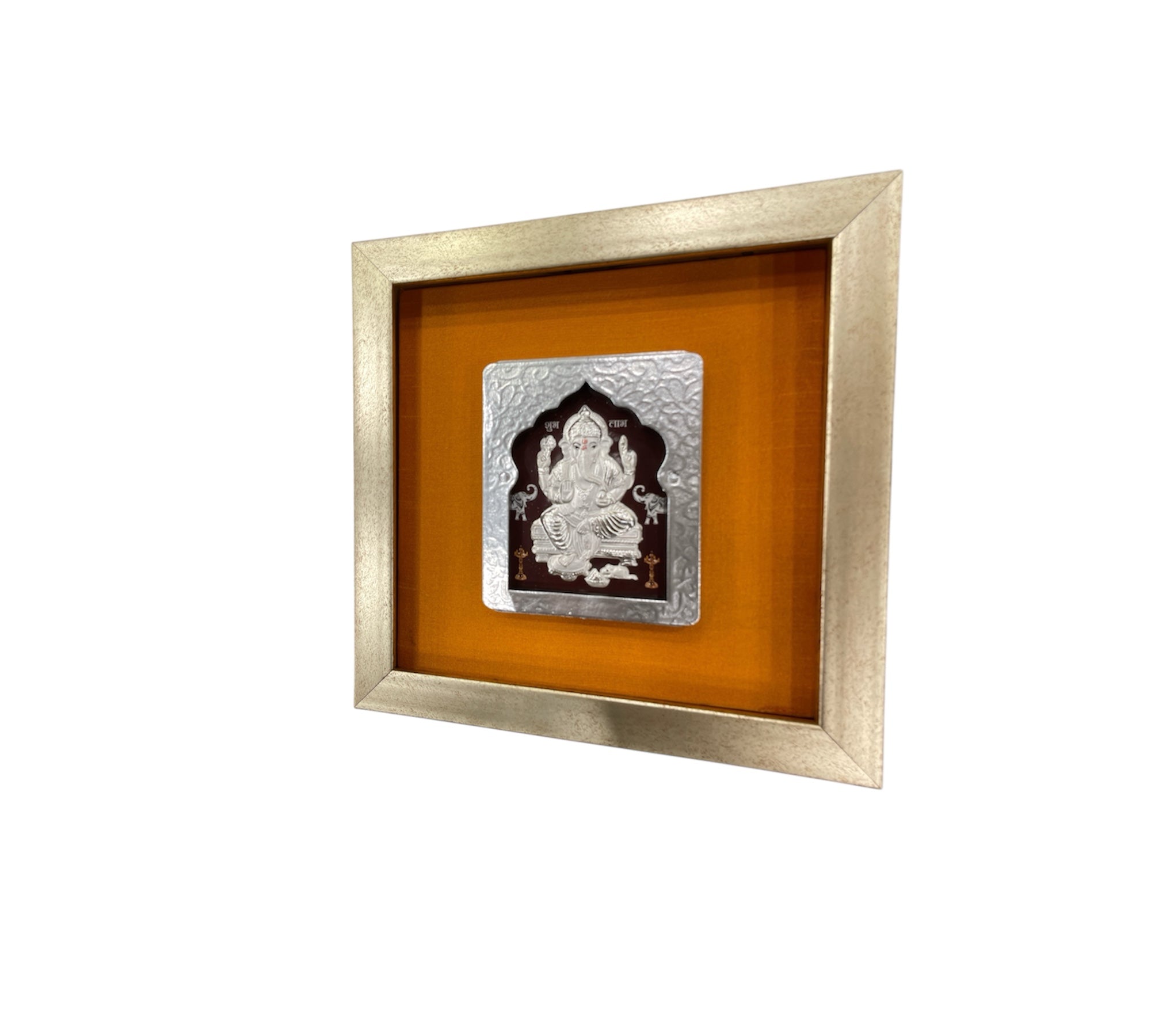 Silver Ganesh with silk backdrop in Silver Frame
