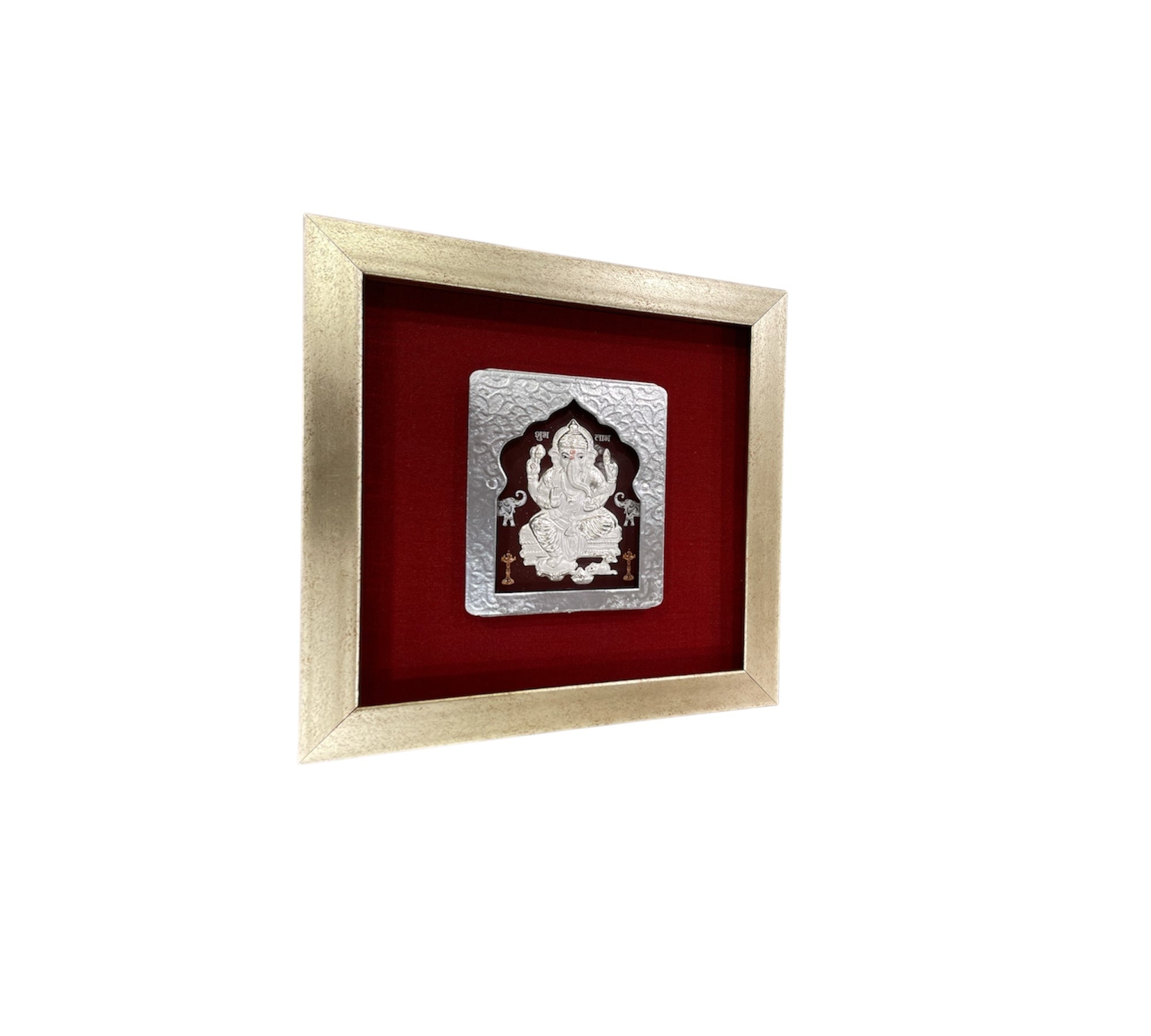 Silver Ganesh with silk backdrop in Silver Frame