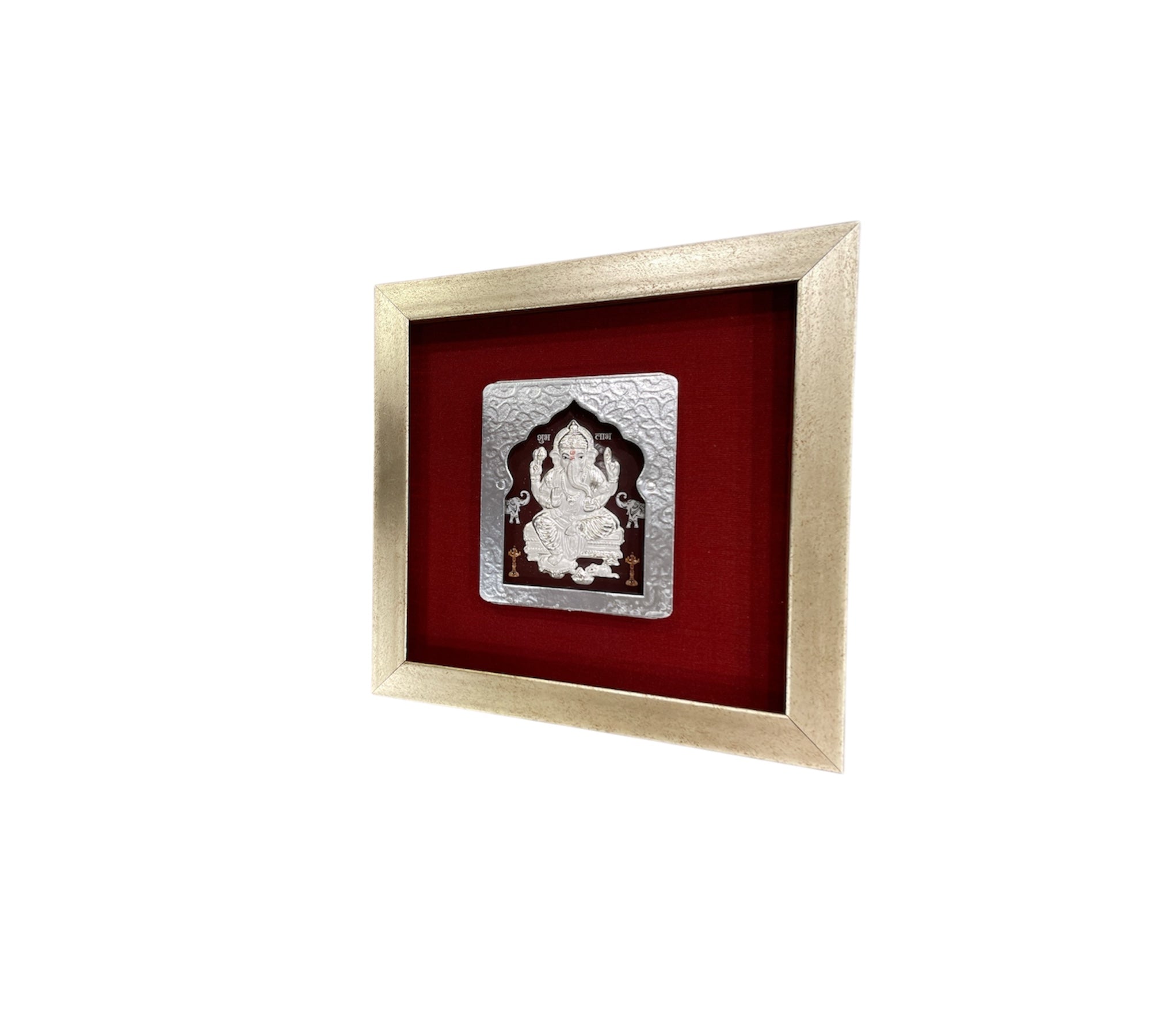 Silver Ganesh with silk backdrop in Silver Frame
