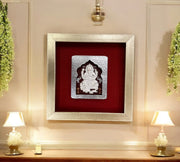 Silver Ganesh with silk backdrop in Silver Frame