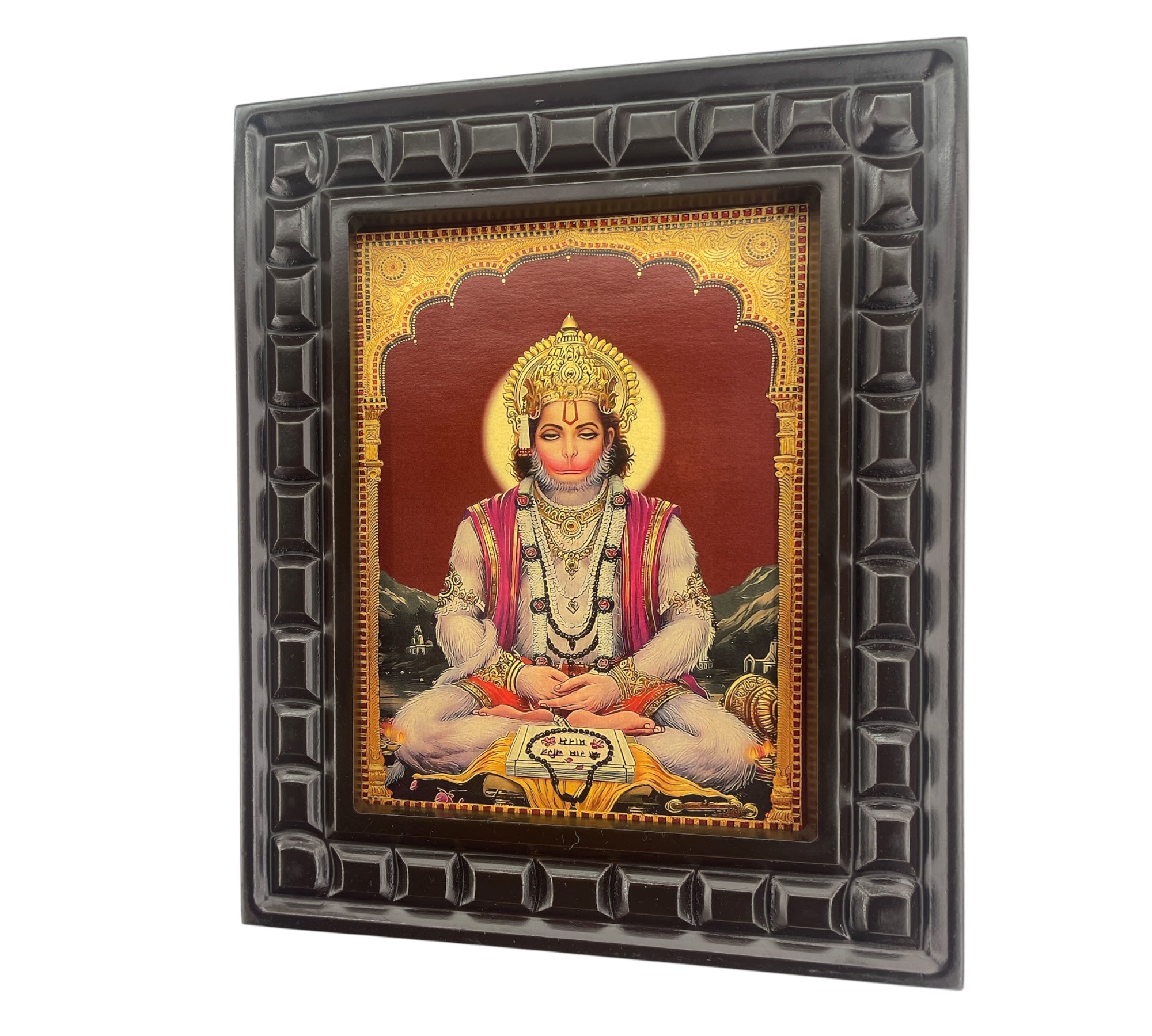 Hanuman Meditating Gold foiled artwork in wooden frame