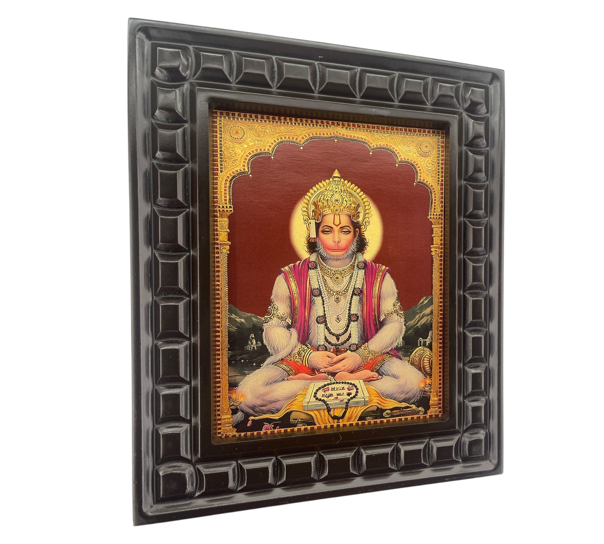 Hanuman Meditating Gold foiled artwork in wooden frame