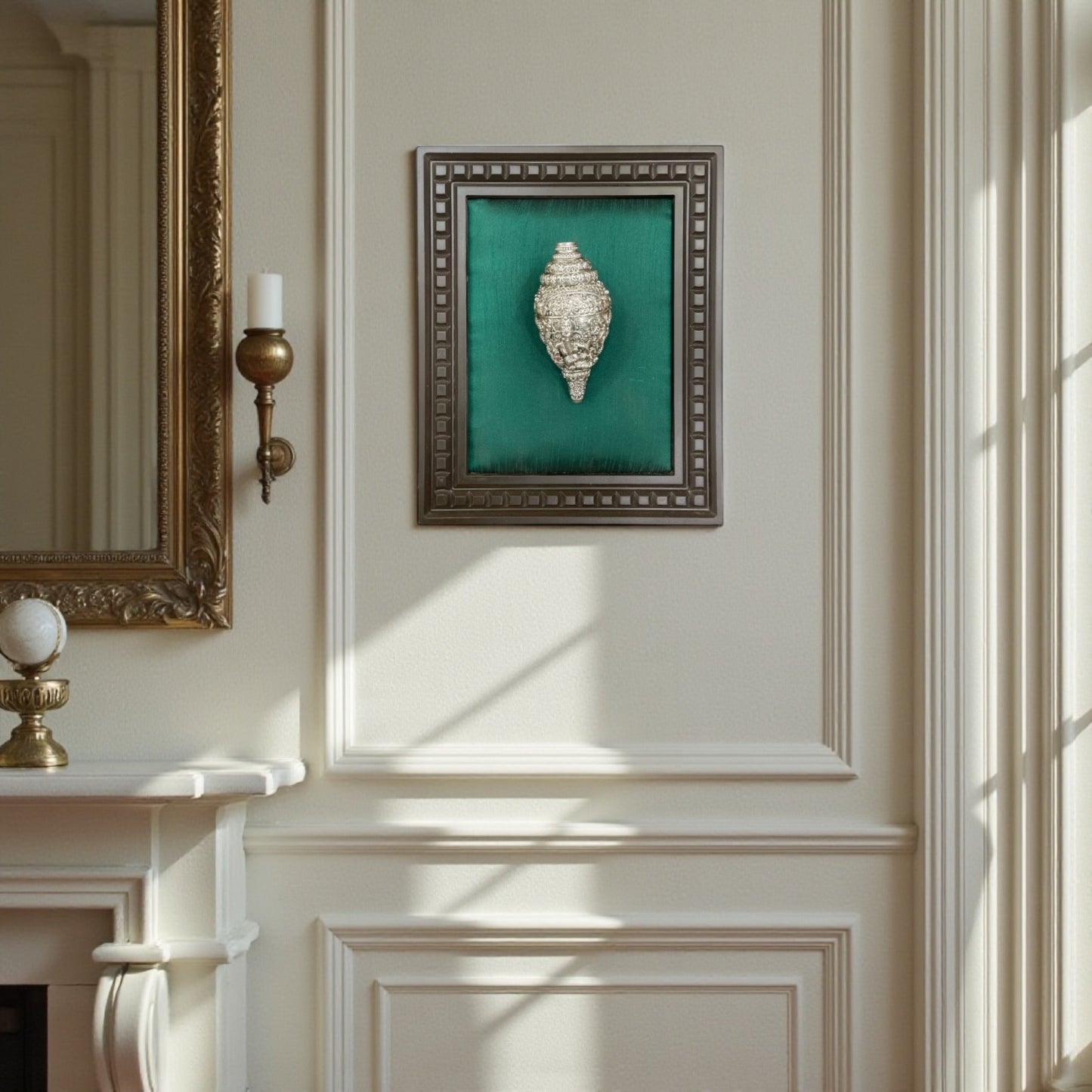 Ganesha Shank with green silk in wooden frame