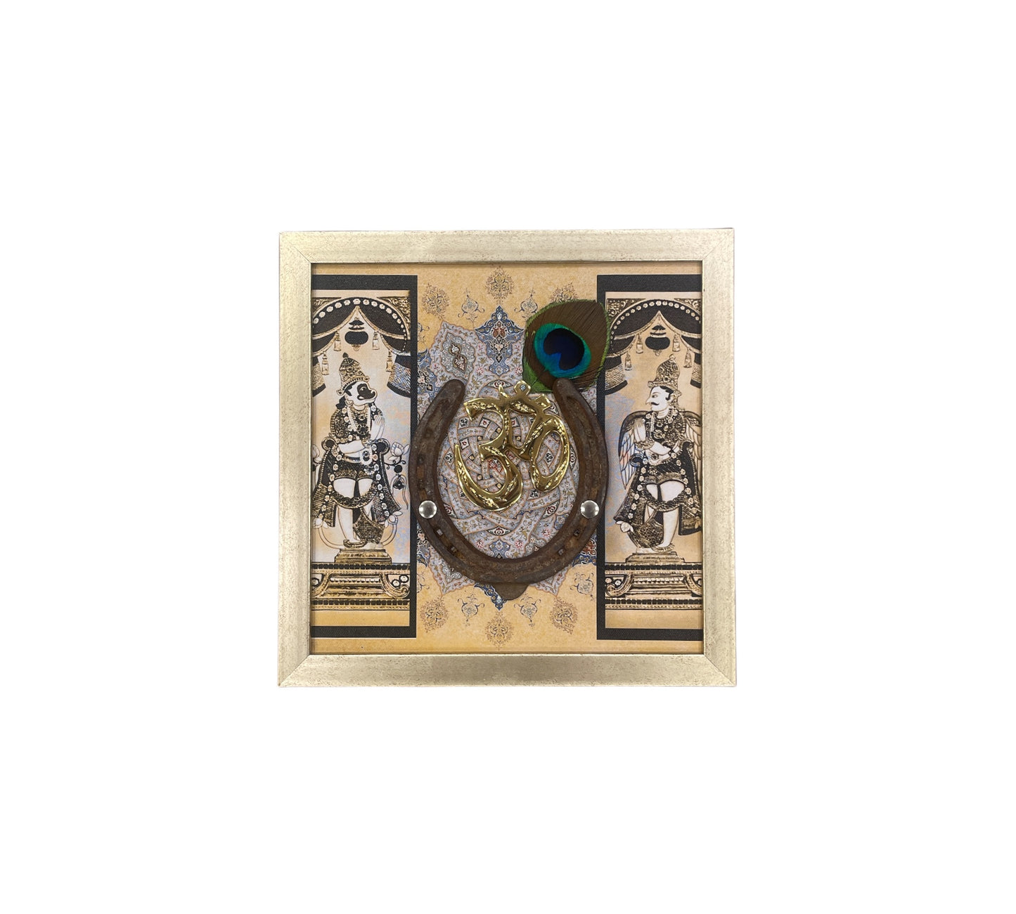 Brass Om with Good Luck Used Horse Shoe & Dwarapalakas Backdrop in Antique Gold Frame