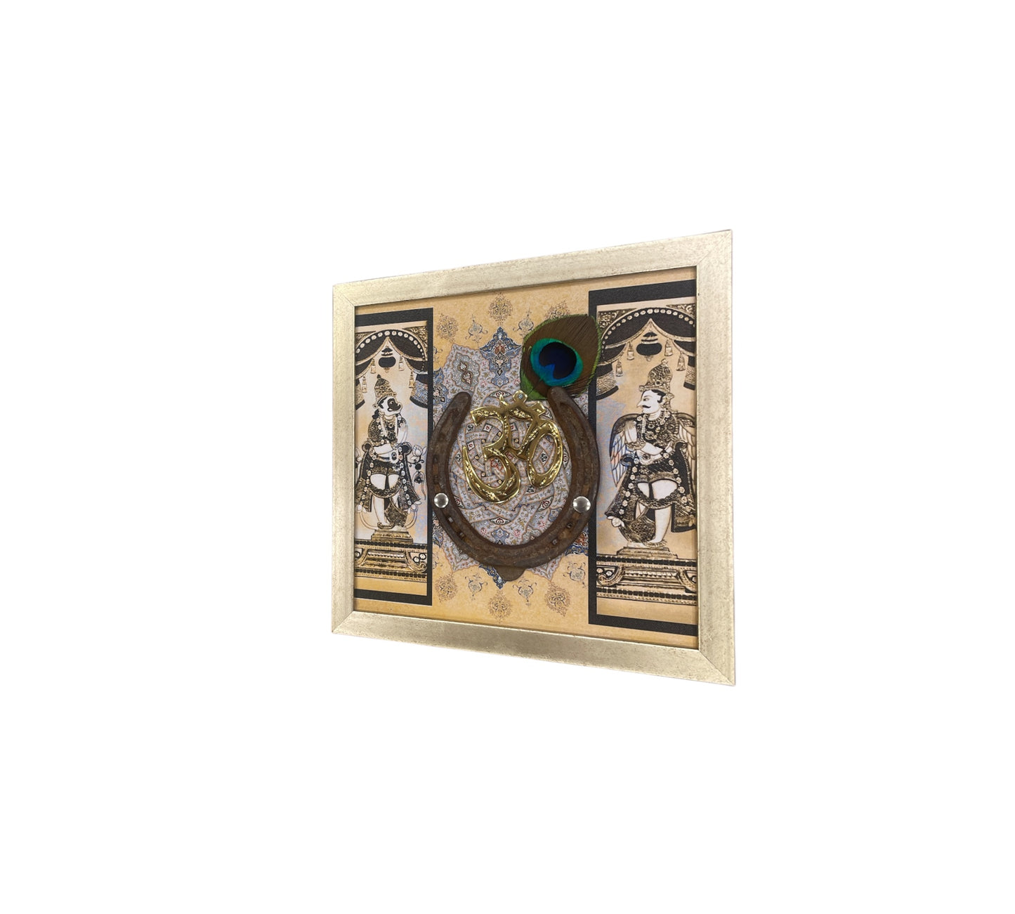 Brass Om with Good Luck Used Horse Shoe & Dwarapalakas Backdrop in Antique Gold Frame