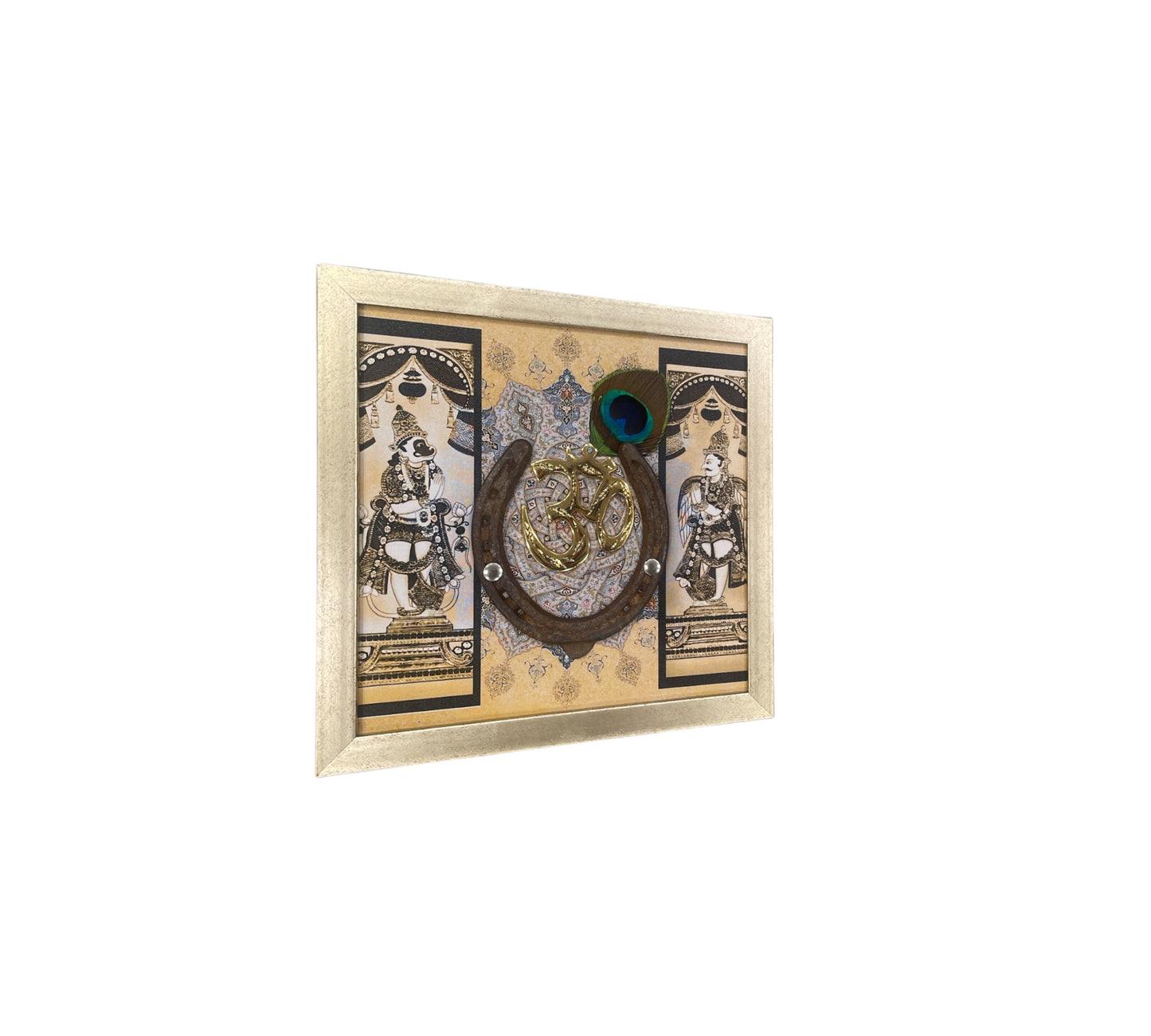Brass Om with Good Luck Used Horse Shoe & Dwarapalakas Backdrop in Antique Gold Frame