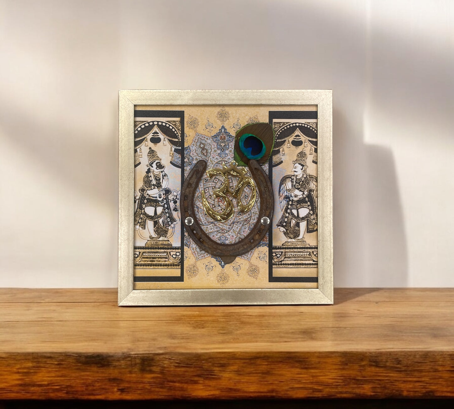 Brass Om with Good Luck Used Horse Shoe & Dwarapalakas Backdrop in Antique Gold Frame
