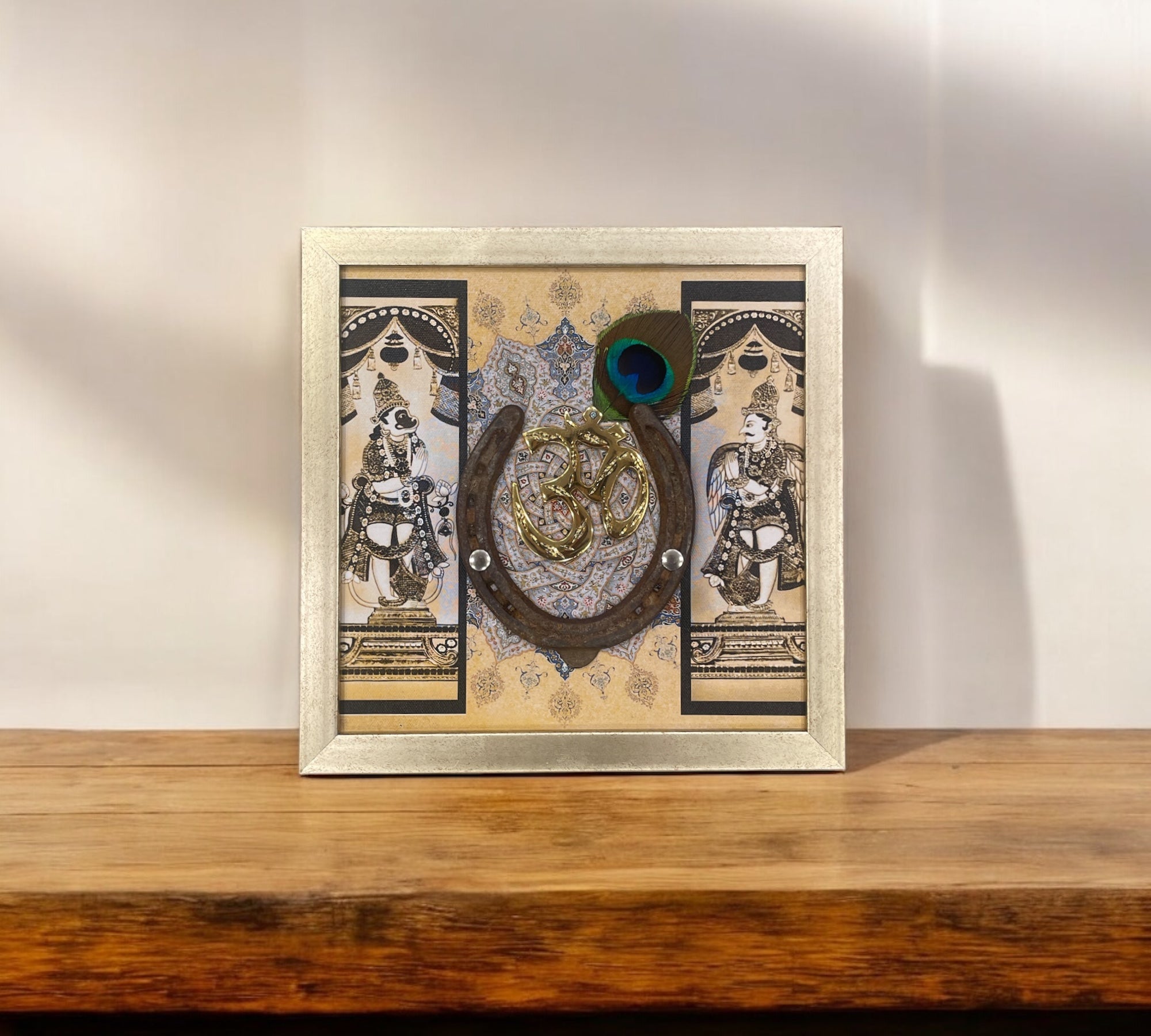 Brass Om with Good Luck Used Horse Shoe & Dwarapalakas Backdrop in Antique Gold Frame