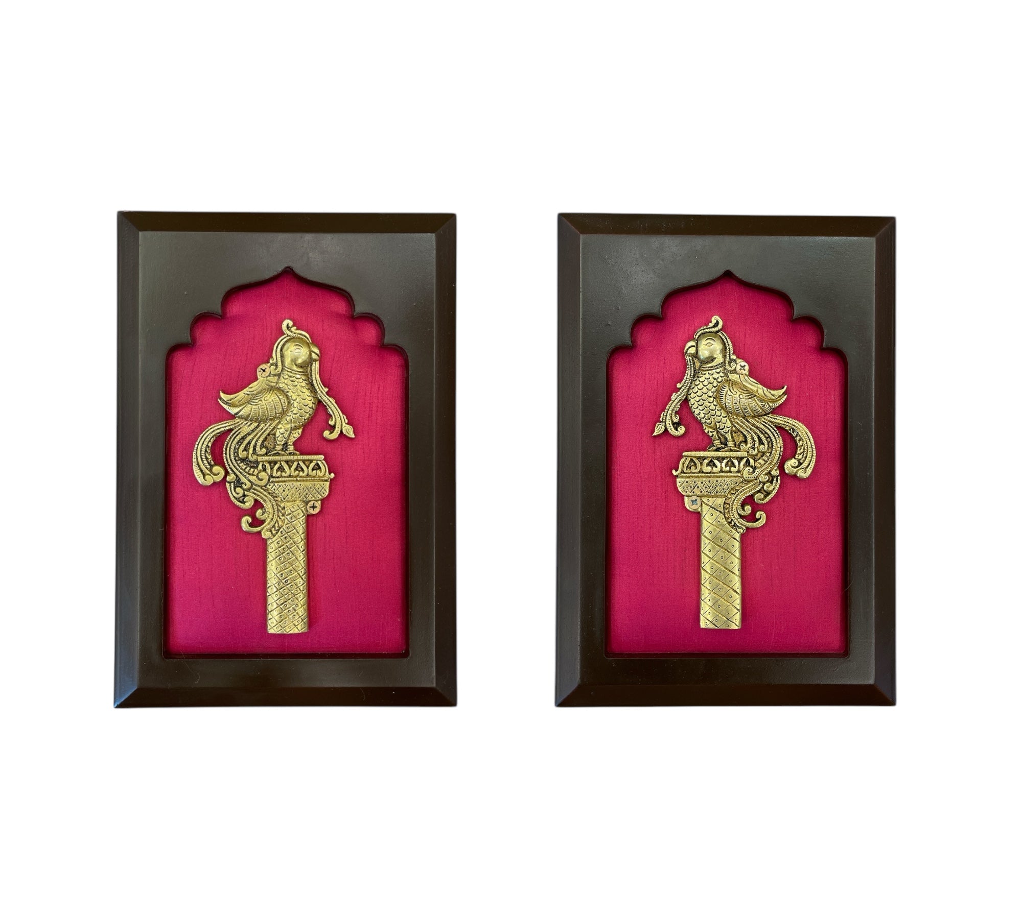 Brass Pair of Grand Virtual Entrance with Pink Silk in Wooden Frame