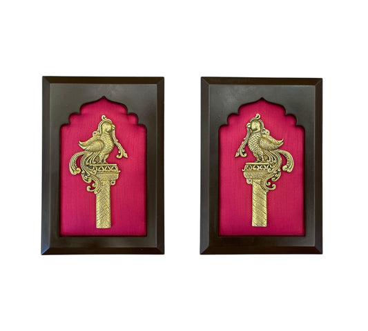 Brass Pair of Grand Virtual Entrance with Pink Silk in Wooden Frame