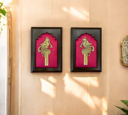 Brass Pair of Grand Virtual Entrance with Pink Silk in Wooden Frame