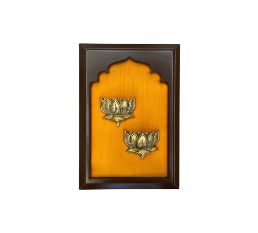 Brass Twin Lotus Wall Art with Orange Silk in Wooden Frame