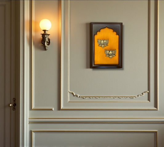 Brass Twin Lotus Wall Art with Orange Silk in Wooden Frame