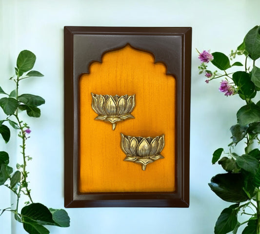 Brass Twin Lotus Wall Art with Orange Silk in Wooden Frame