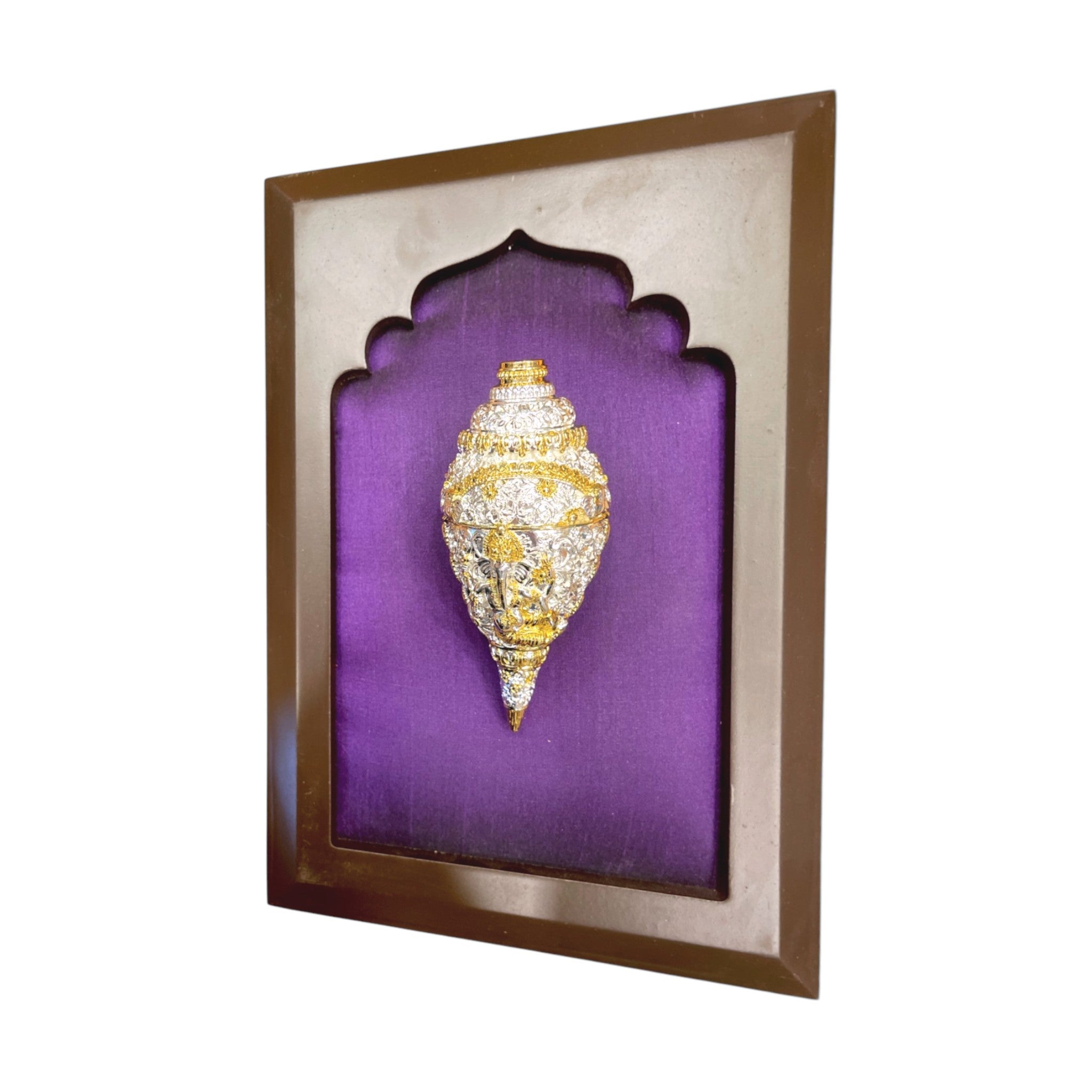 Ganesha Shank sterling silver& gold with Purple silk in Wooden frame