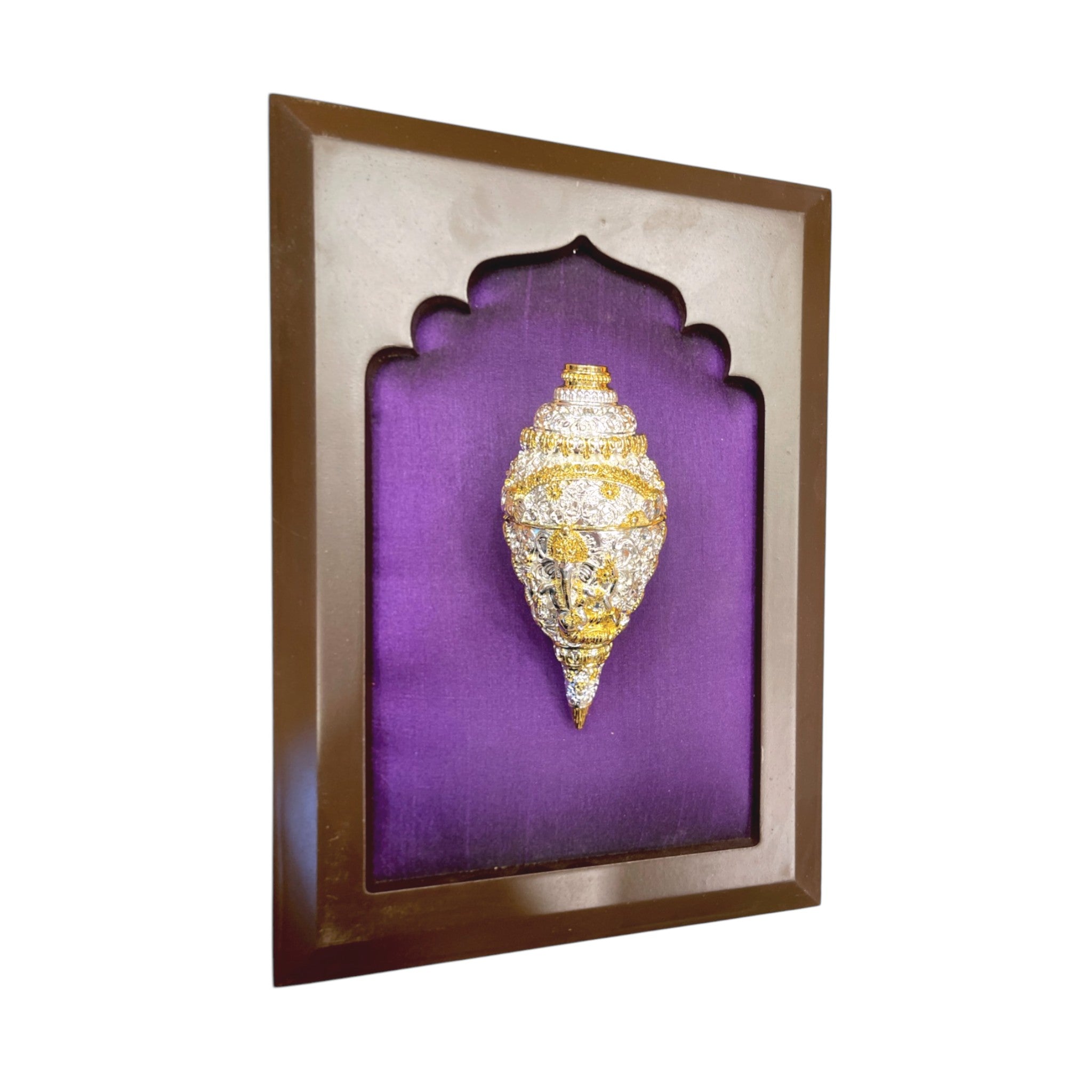 Ganesha Shank sterling silver& gold with Purple silk in Wooden frame