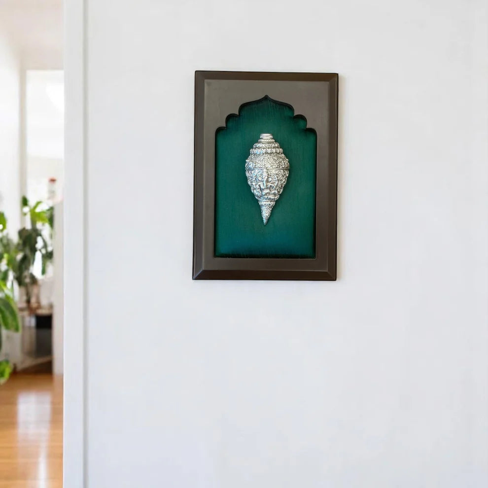 Shank Ganesha with silk in Wooden Frame (6 Colour Variant)