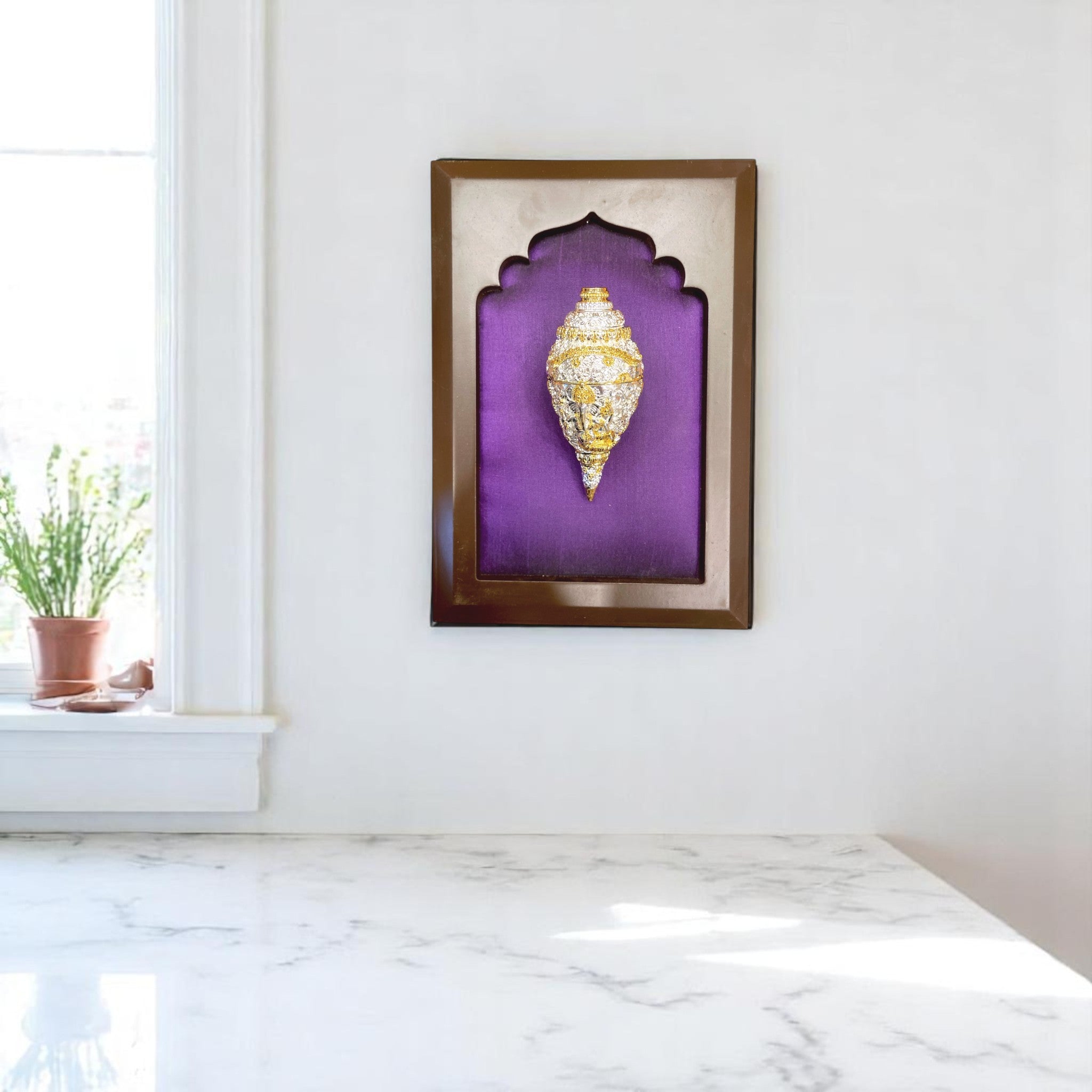 Ganesha Shank sterling silver& gold with Purple silk in Wooden frame