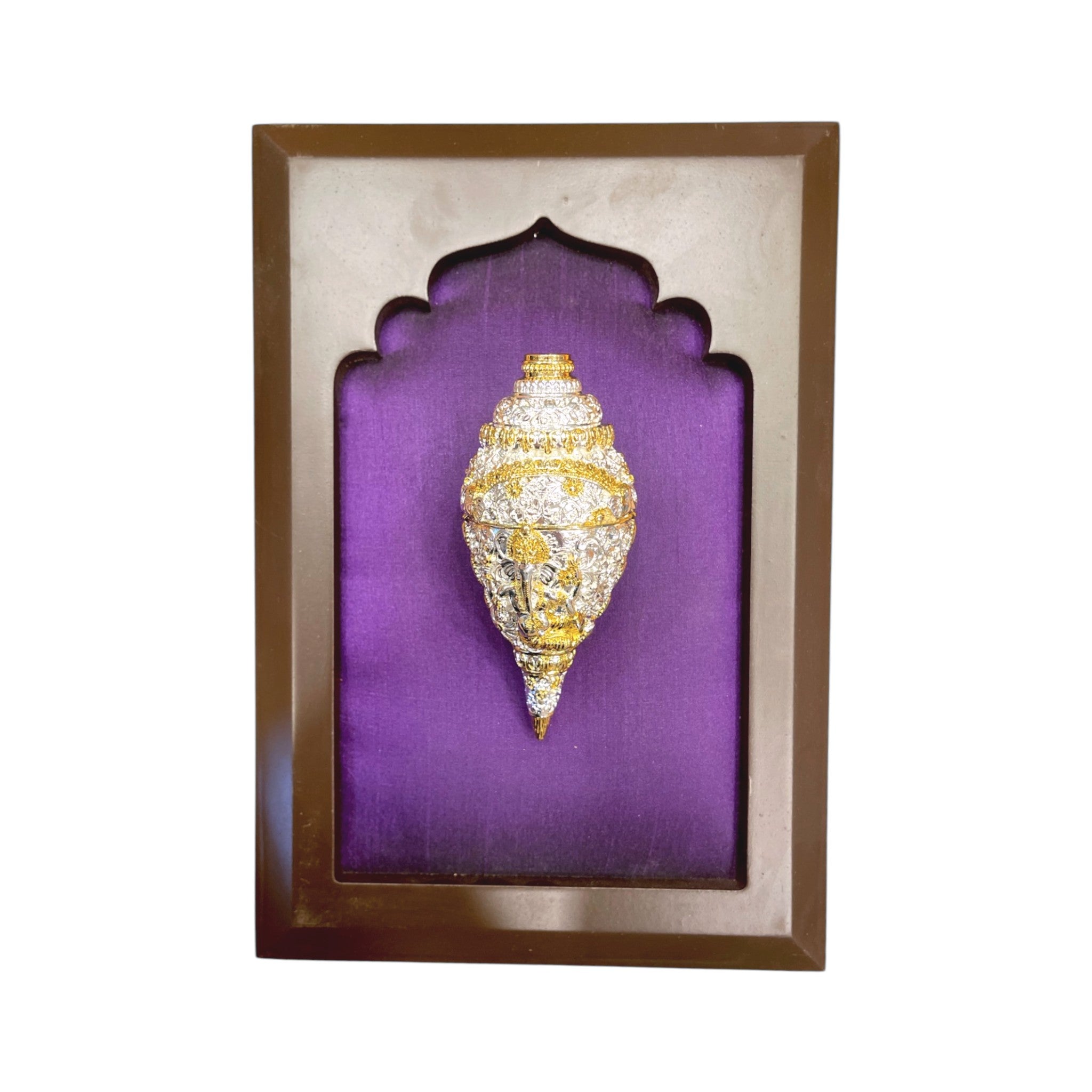 Ganesha Shank sterling silver& gold with Purple silk in Wooden frame