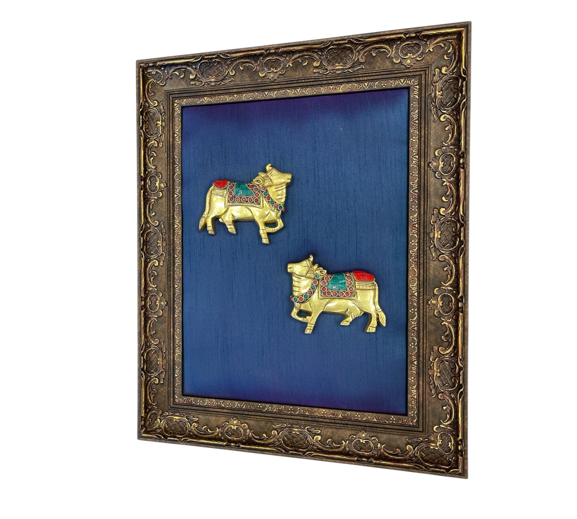 Kamadhenu Brass & stonework with Dark Blue in Moulded Frame