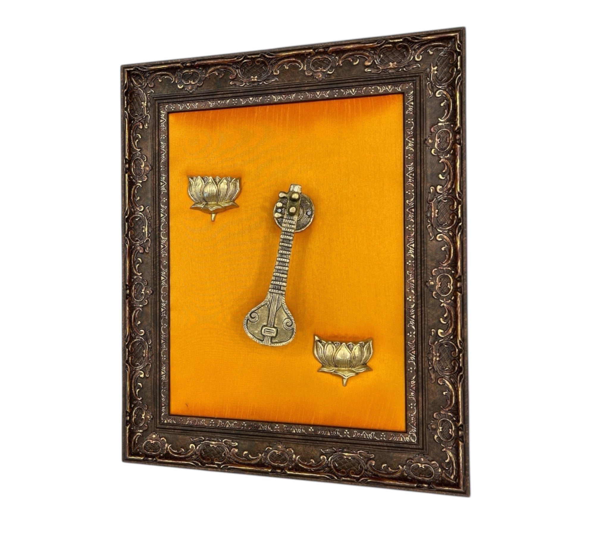 Veena & Lotus Brass with Golden Silk In Moulded Frame