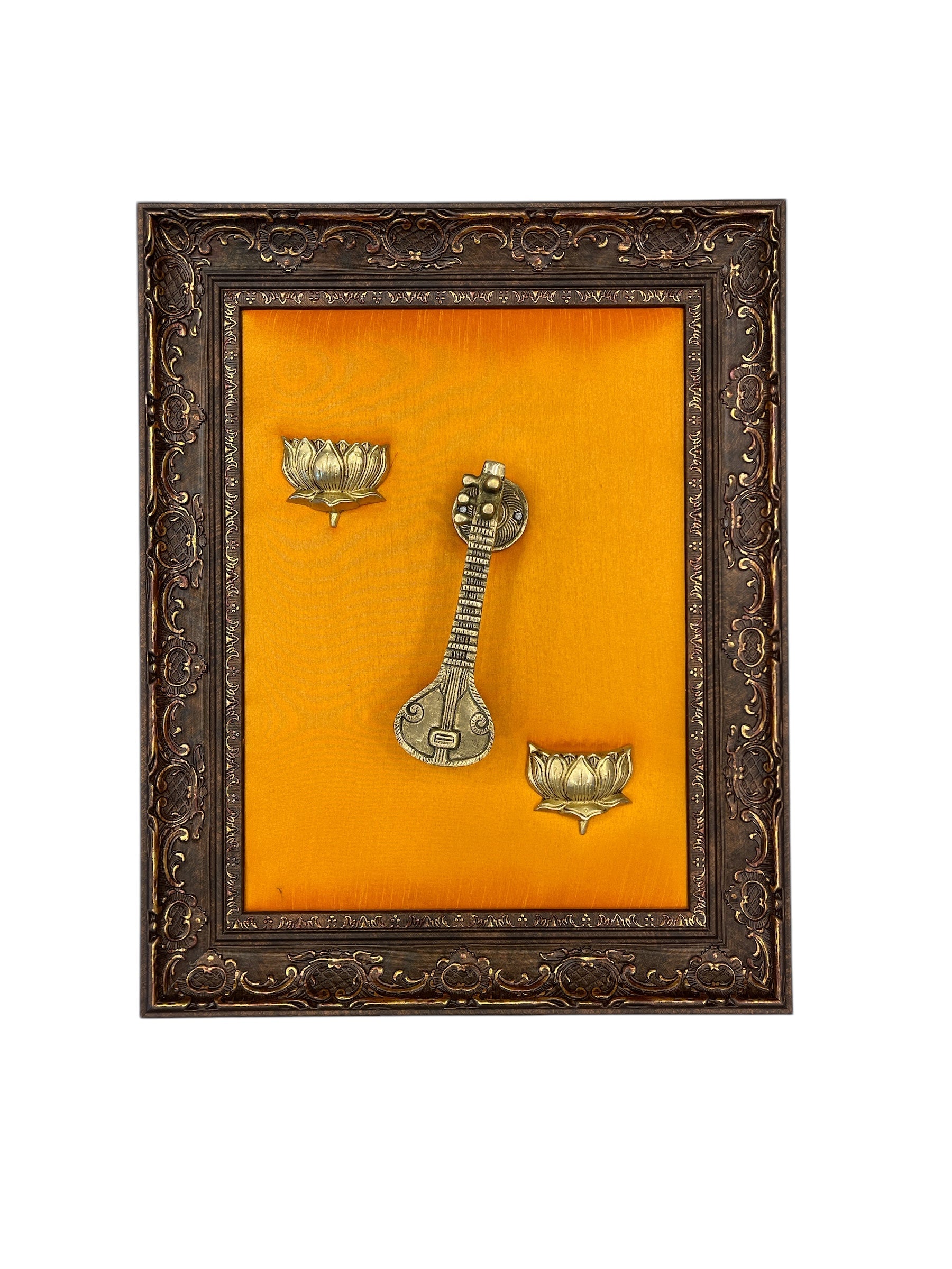Veena & Lotus Brass with Golden Silk In Moulded Frame
