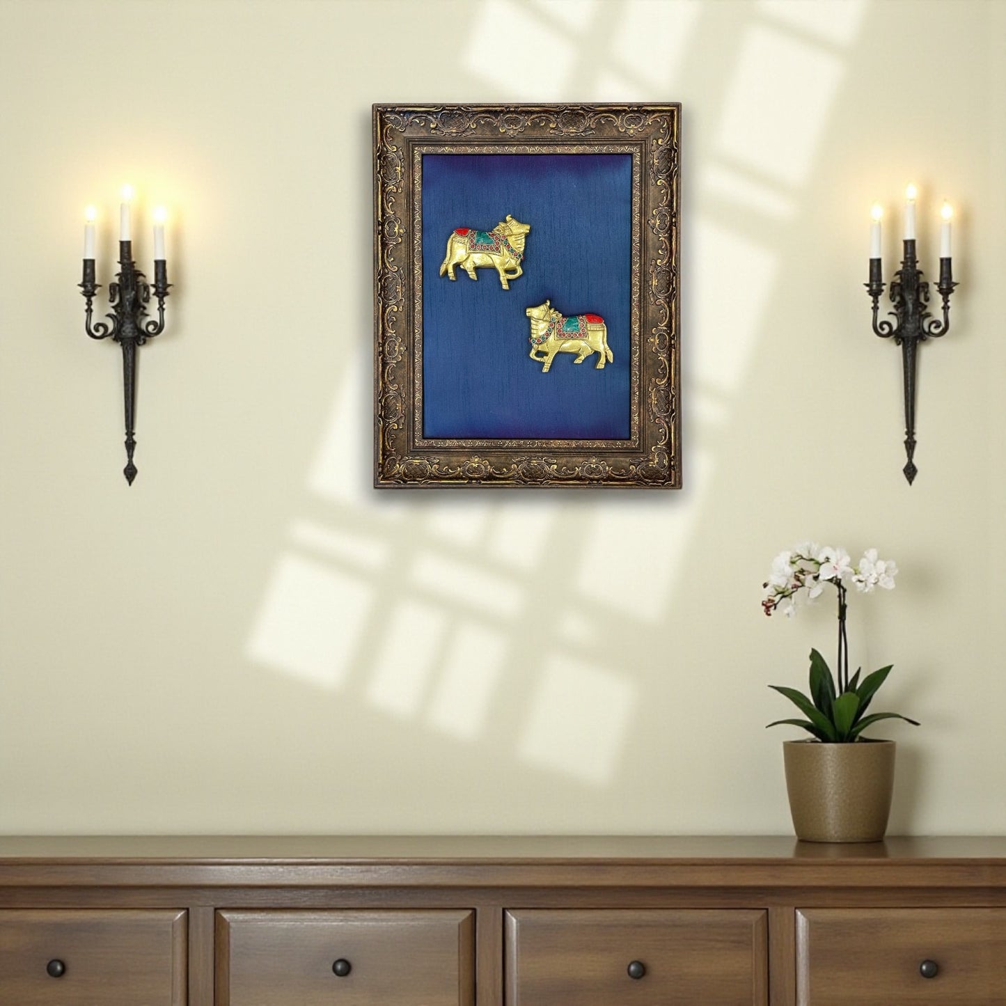Kamadhenu Brass & stonework with Dark Blue in Moulded Frame