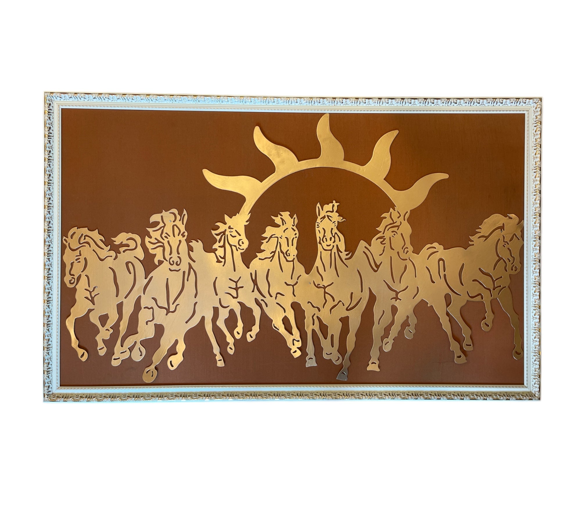 7 Running Horses Metal with Brown Silk in Moulded Frame