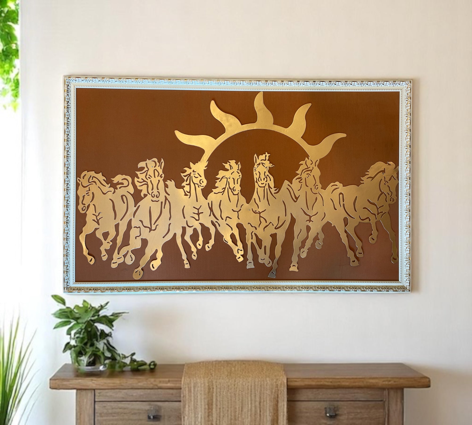 7 Running Horses Metal with Brown Silk in Moulded Frame