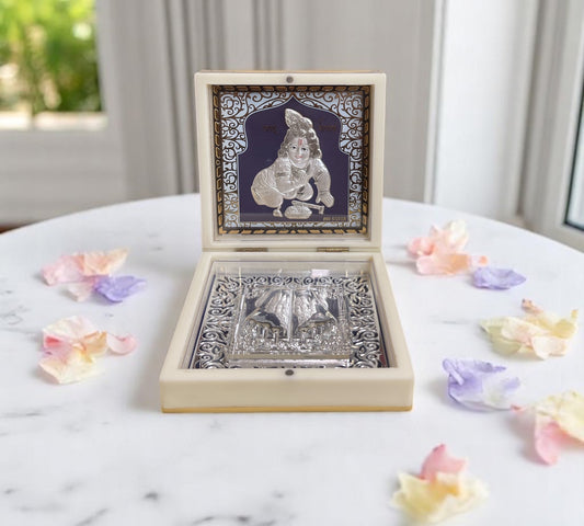 Laddu Krishna with Padukas in Silver 3d Foil gift Box