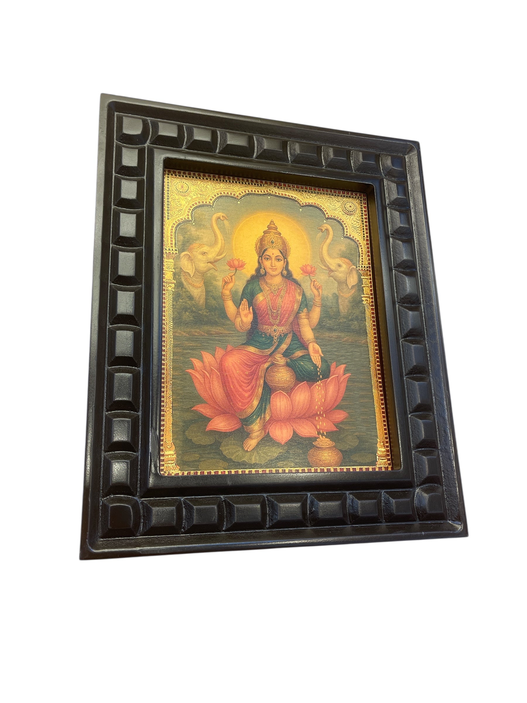 Gaja Lakshmi - 3 gold foiled artwork in wooden frame