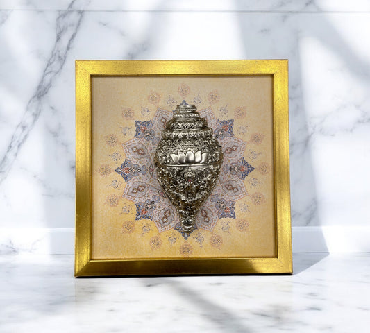 Ganesha conch medium with Mandala Backdrop in Gold frame