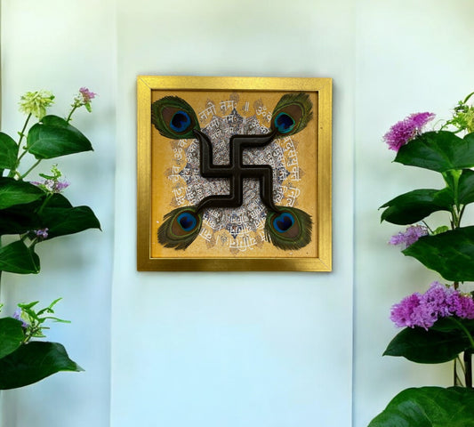 Wooden swastik with peacock feather & Mandala Backdrop in Gold frame