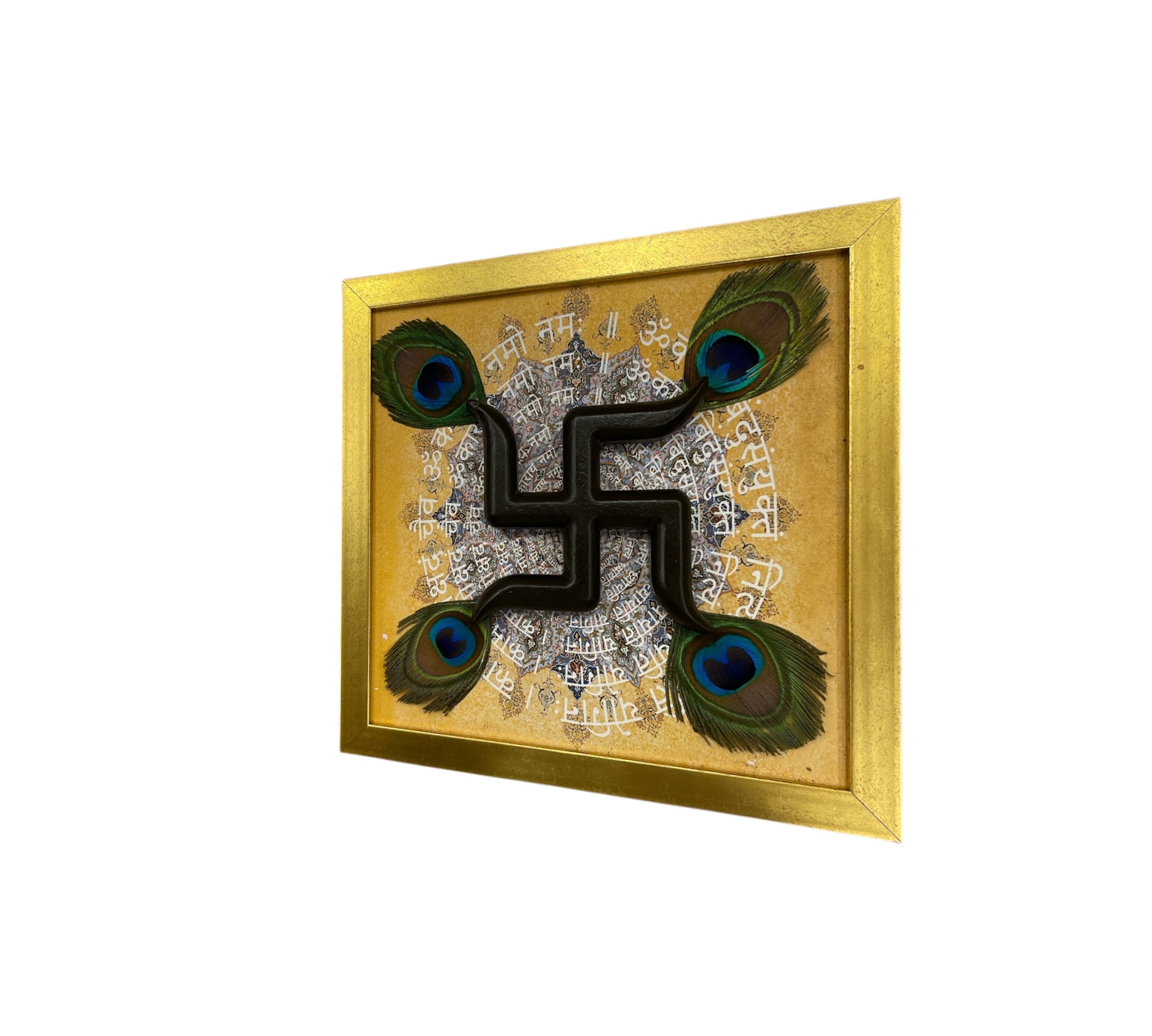 Wooden swastik with peacock feather & Mandala Backdrop in Gold frame